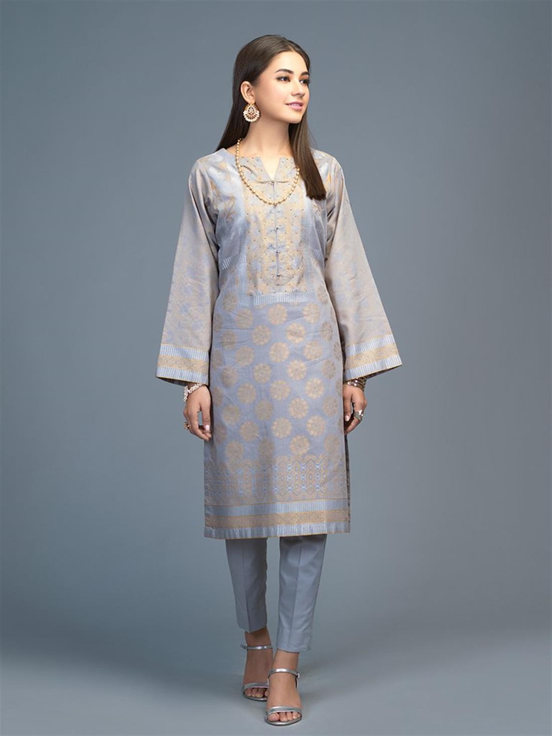 Grey 1pc Stitched Lawn Jacquard Shirt- Casual Pret