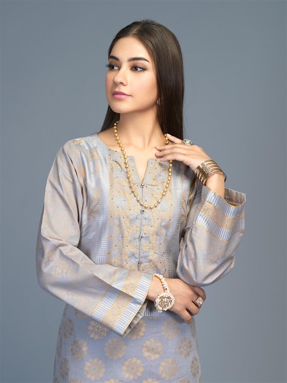 Grey 1pc Stitched Lawn Jacquard Shirt- Casual Pret