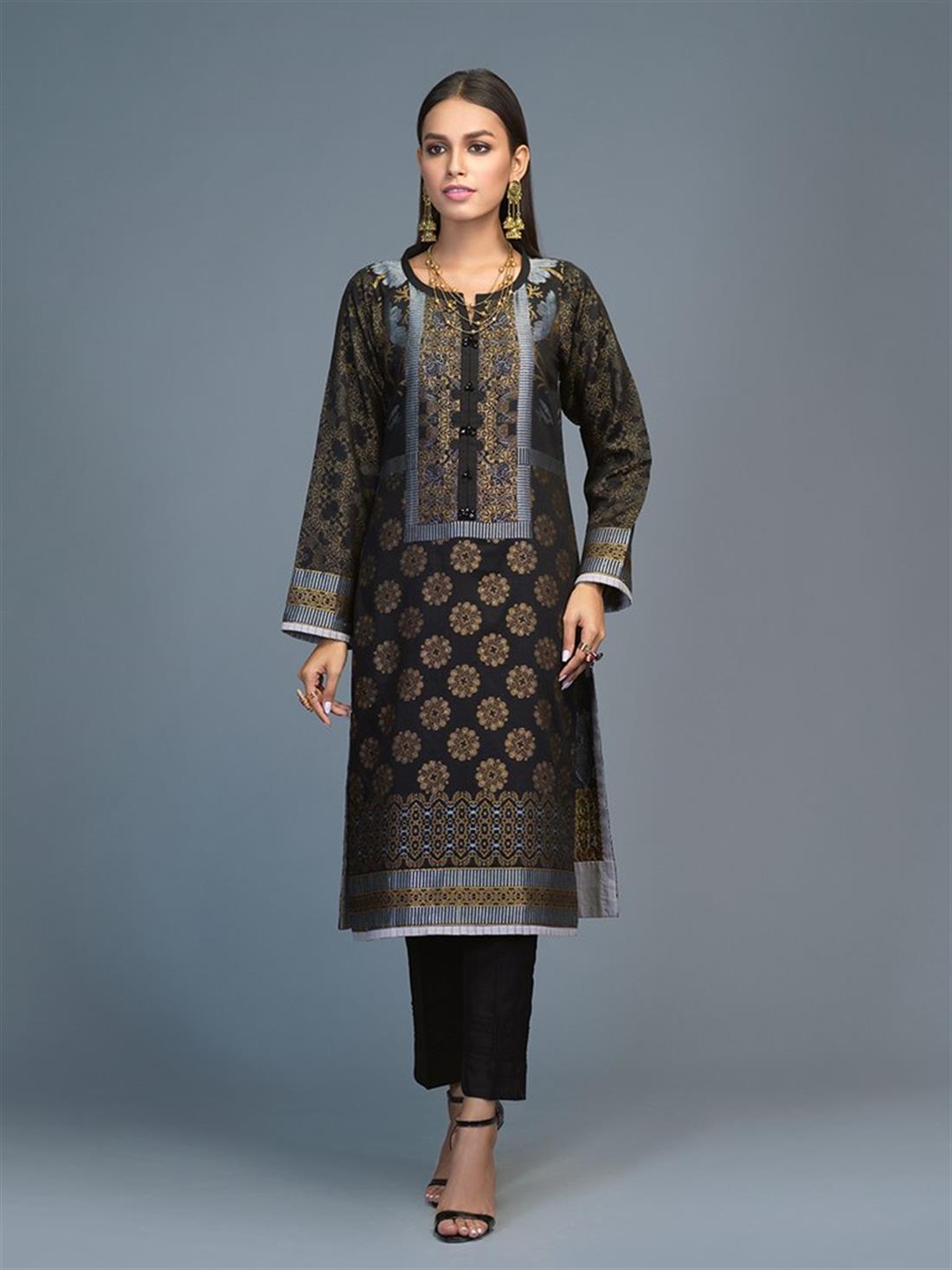 Black 1pc Stitched Lawn Jacquard Shirt- Casual Pret