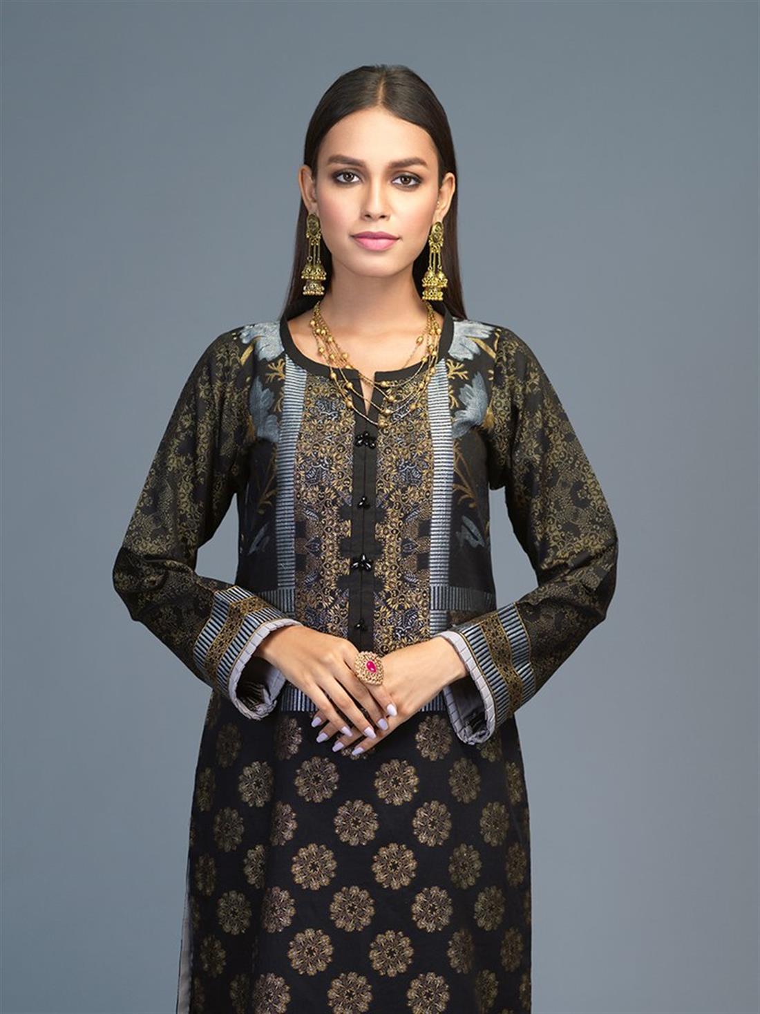 Black 1pc Stitched Lawn Jacquard Shirt- Casual Pret