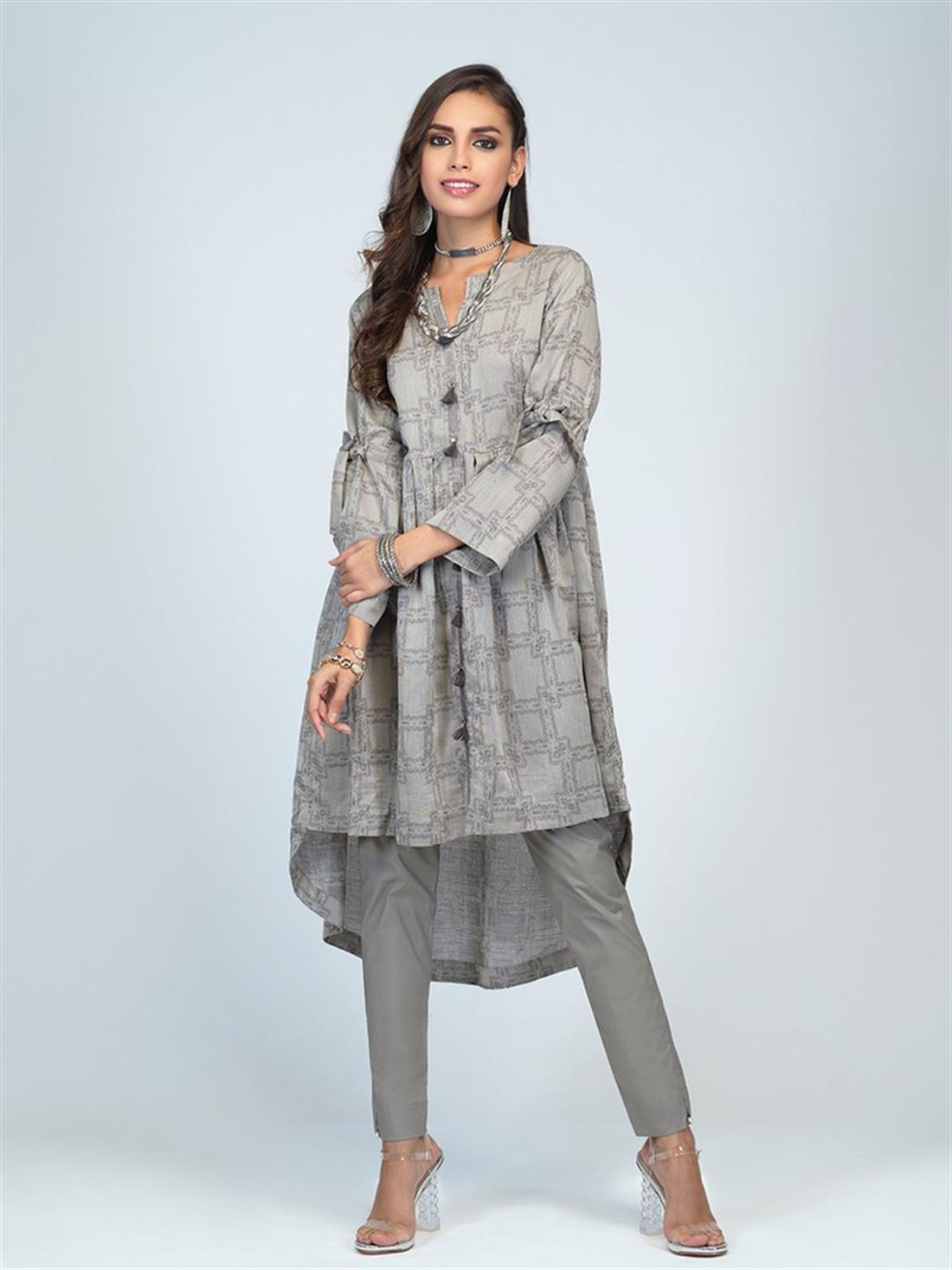 Grey 1pc Stitched Lawn Jacquard Shirt- Casual Pret