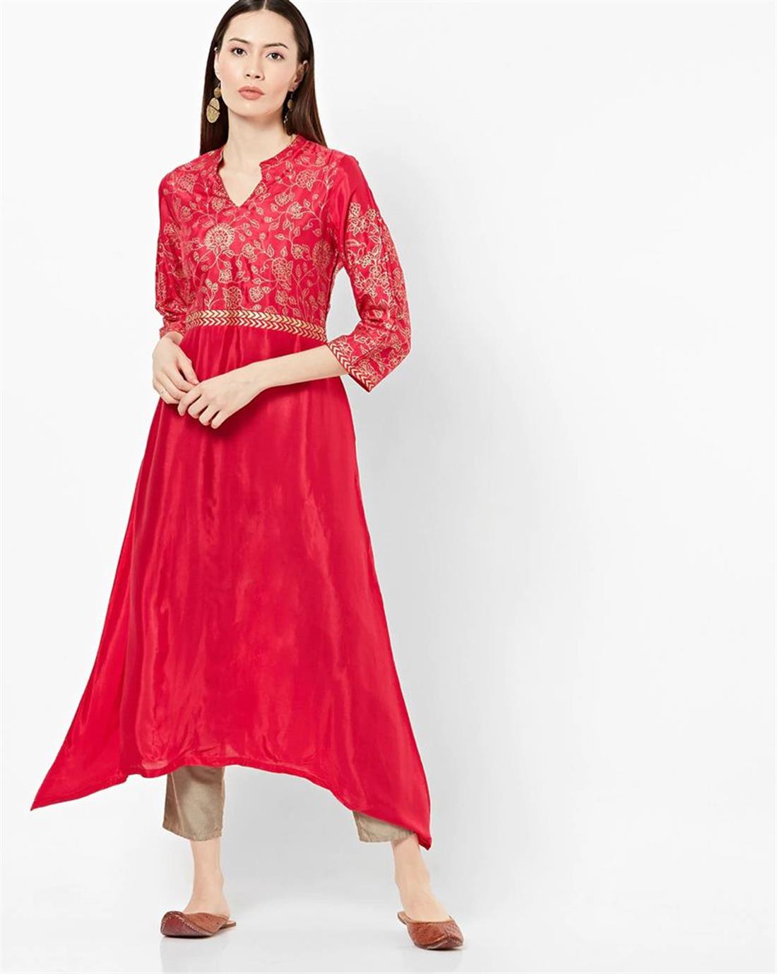Pink Floral Print A-Line Silk Kurta with Dipped Hem