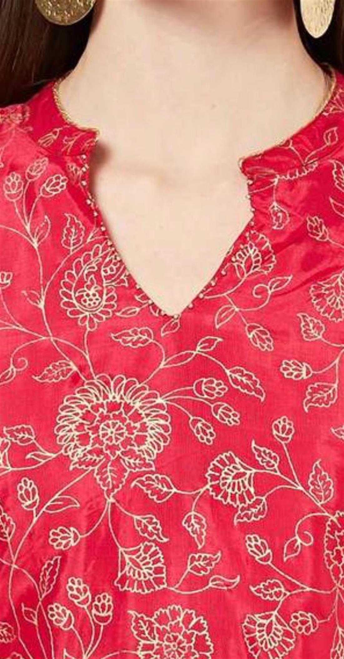 Pink Floral Print A-Line Silk Kurta with Dipped Hem