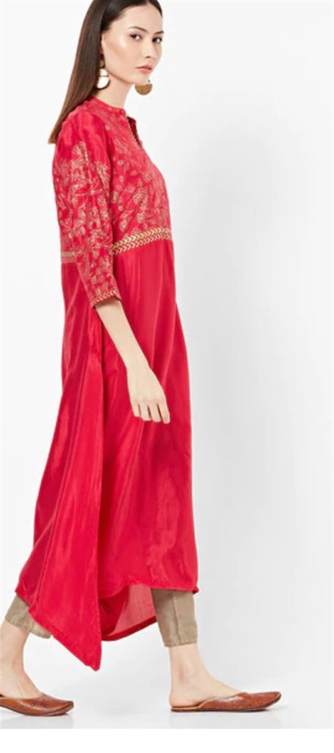 Pink Floral Print A-Line Silk Kurta with Dipped Hem