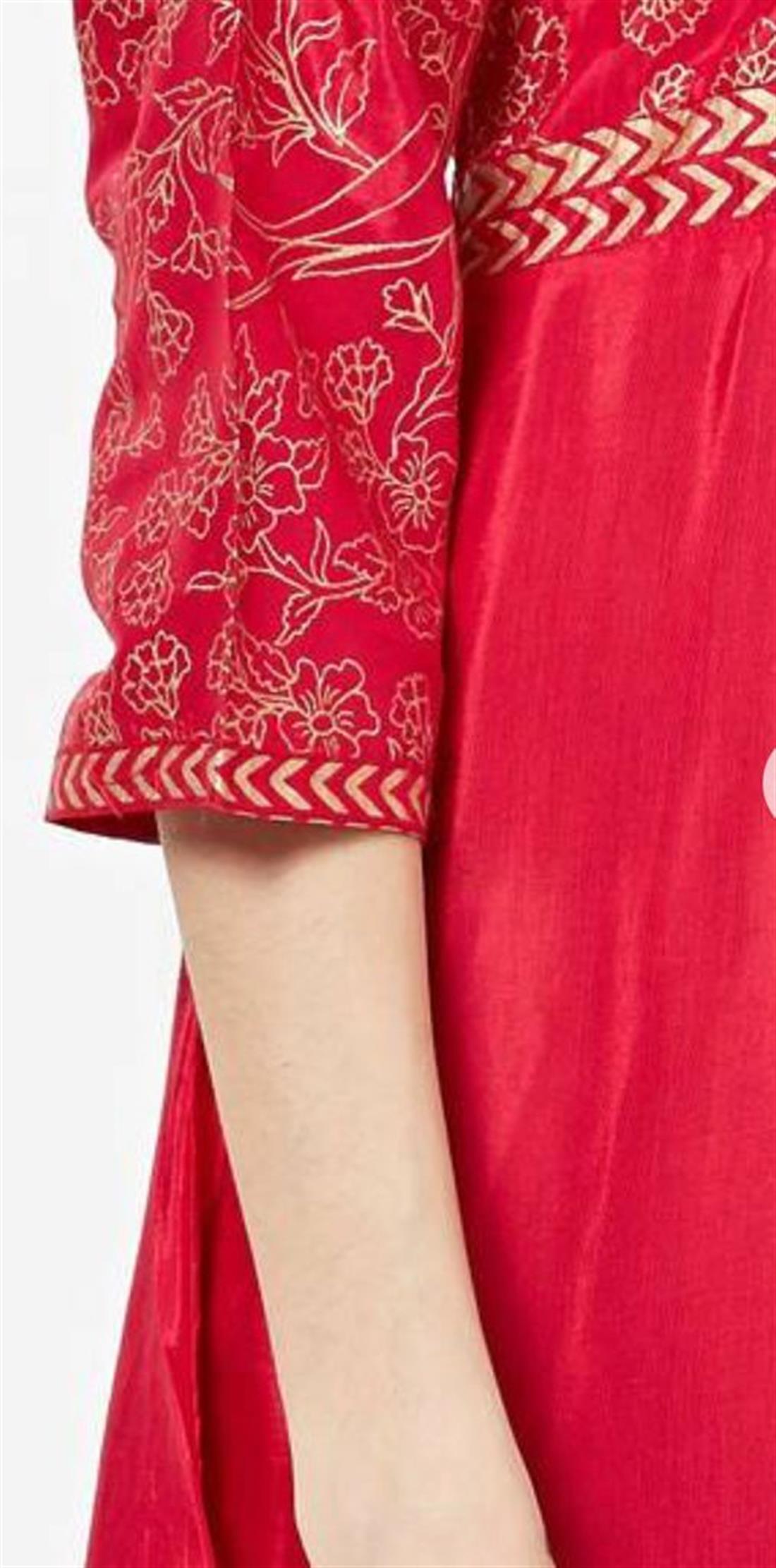 Pink Floral Print A-Line Silk Kurta with Dipped Hem