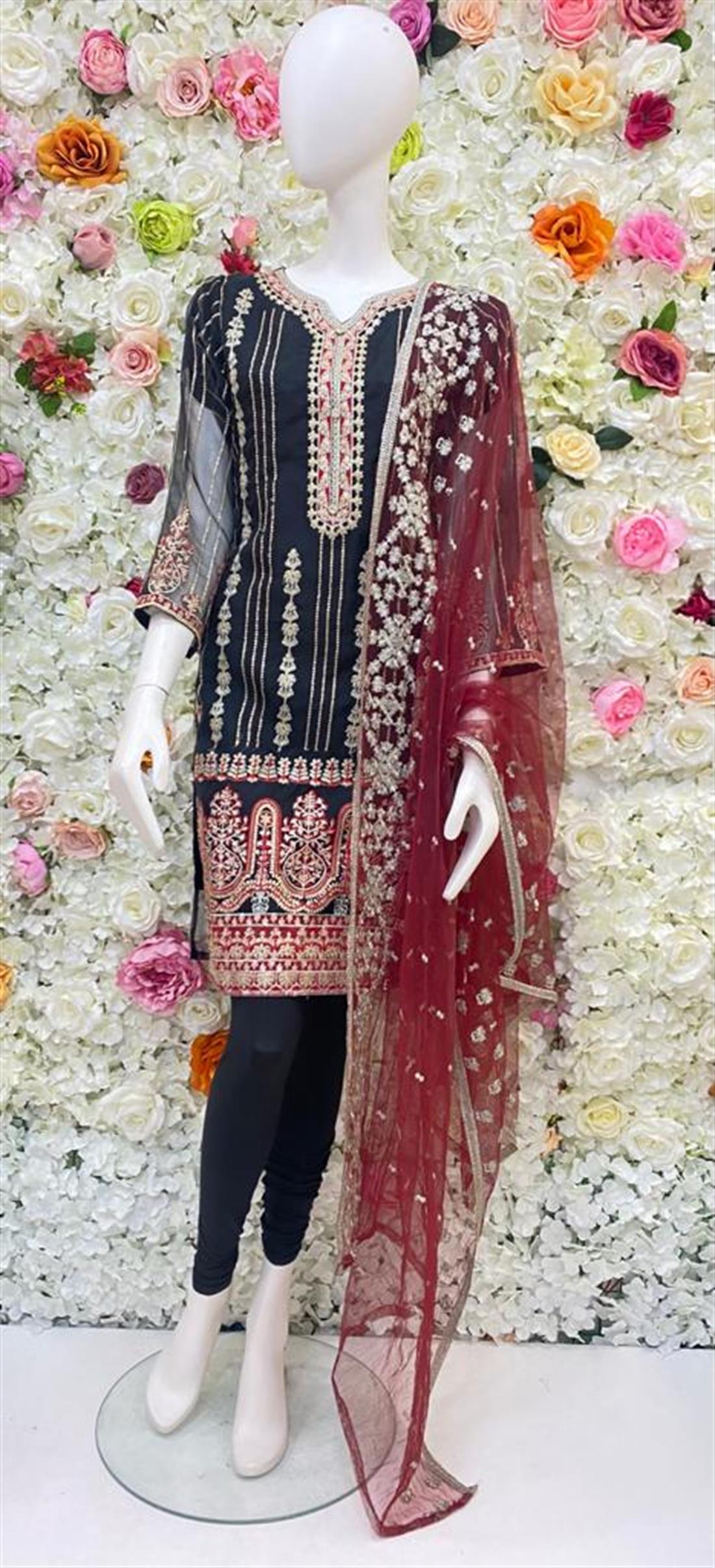 Black & Maroon Embroidered Organza Ladies Tunics and Kurta