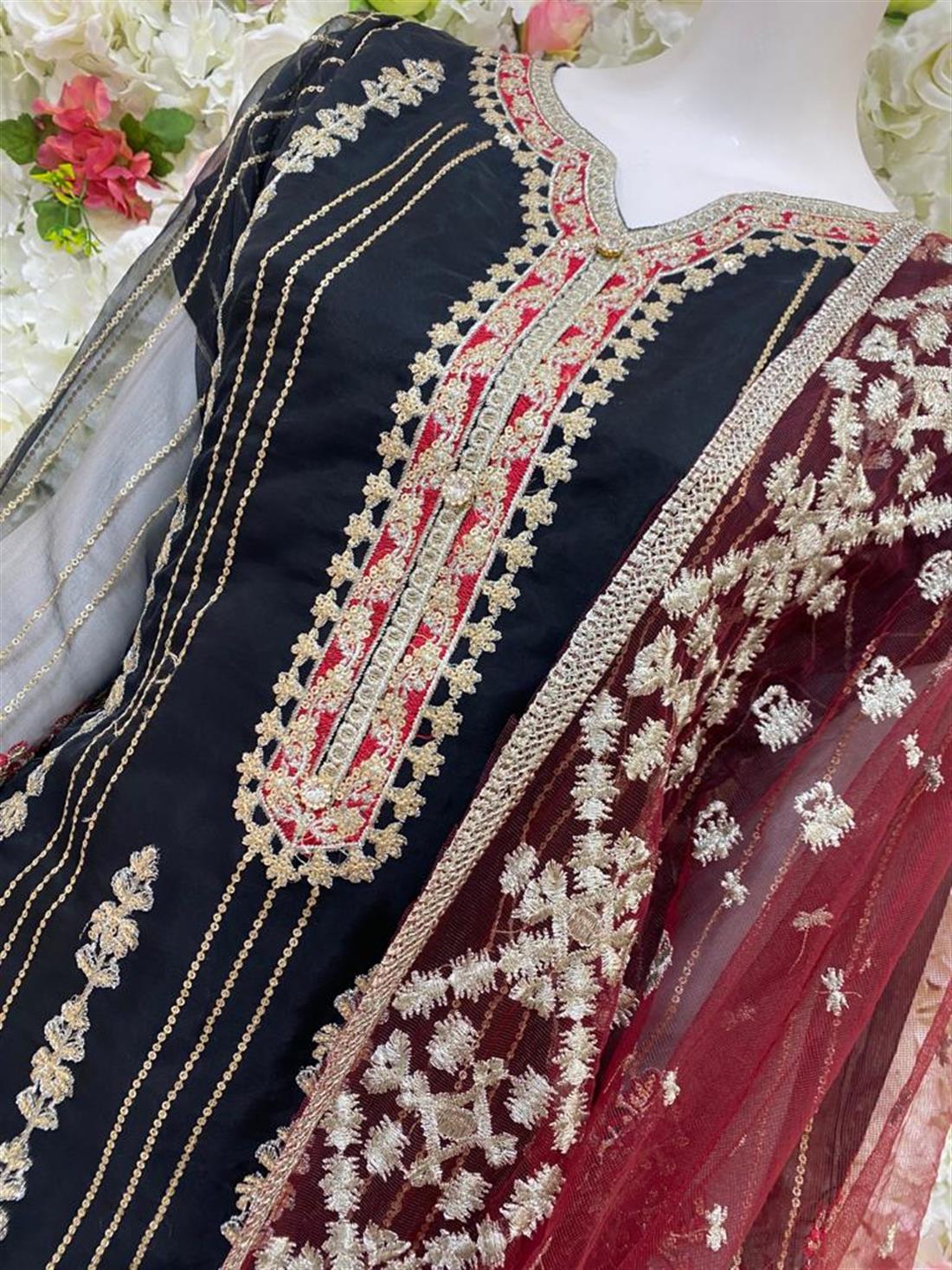 Black & Maroon Embroidered Organza Ladies Tunics and Kurta