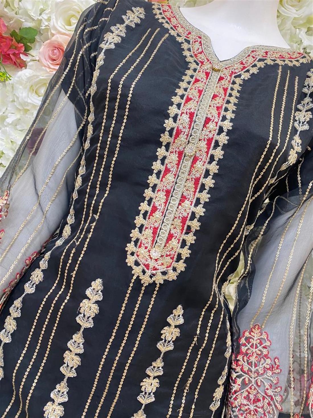 Black & Maroon Embroidered Organza Ladies Tunics and Kurta