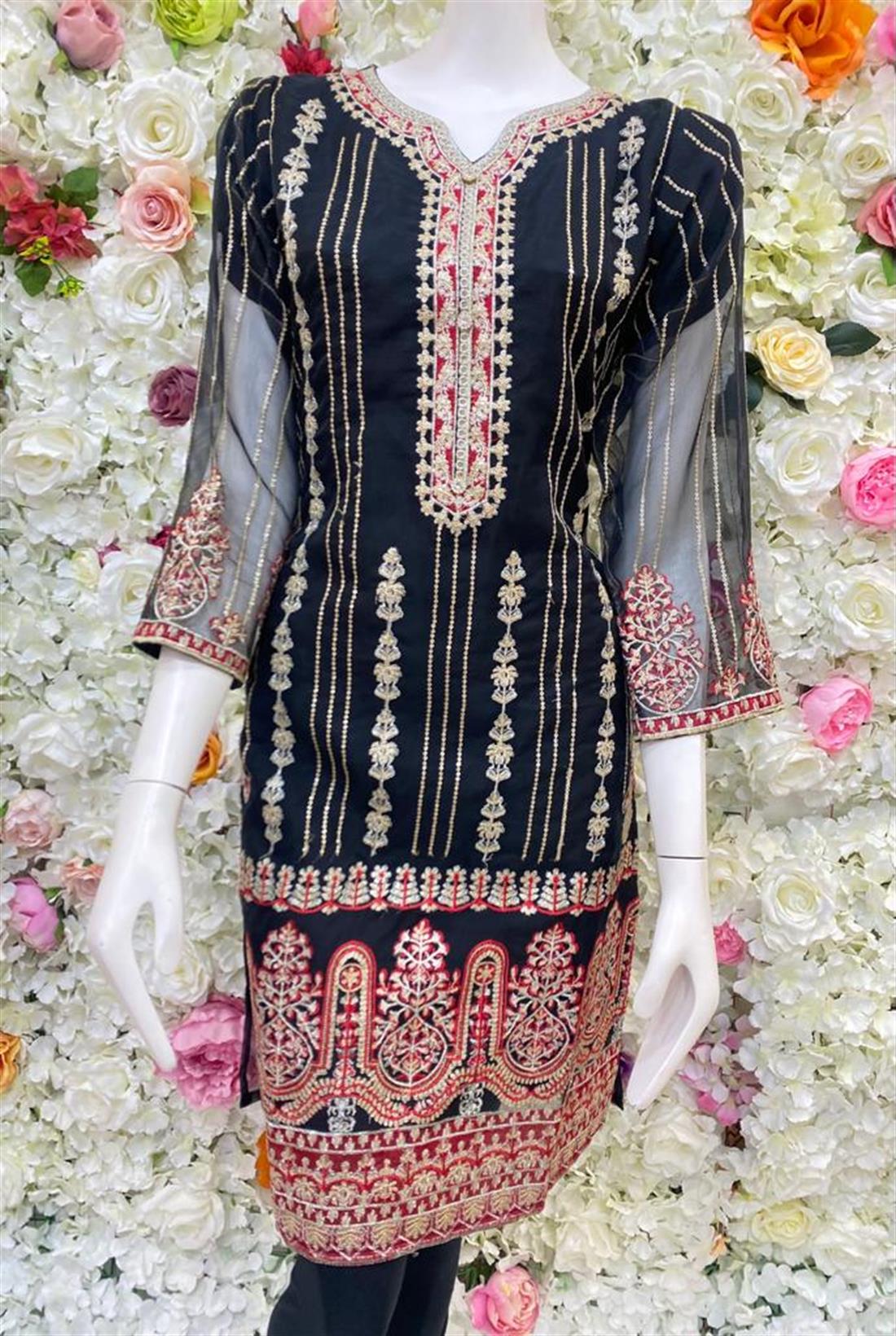 Black & Maroon Embroidered Organza Ladies Tunics and Kurta