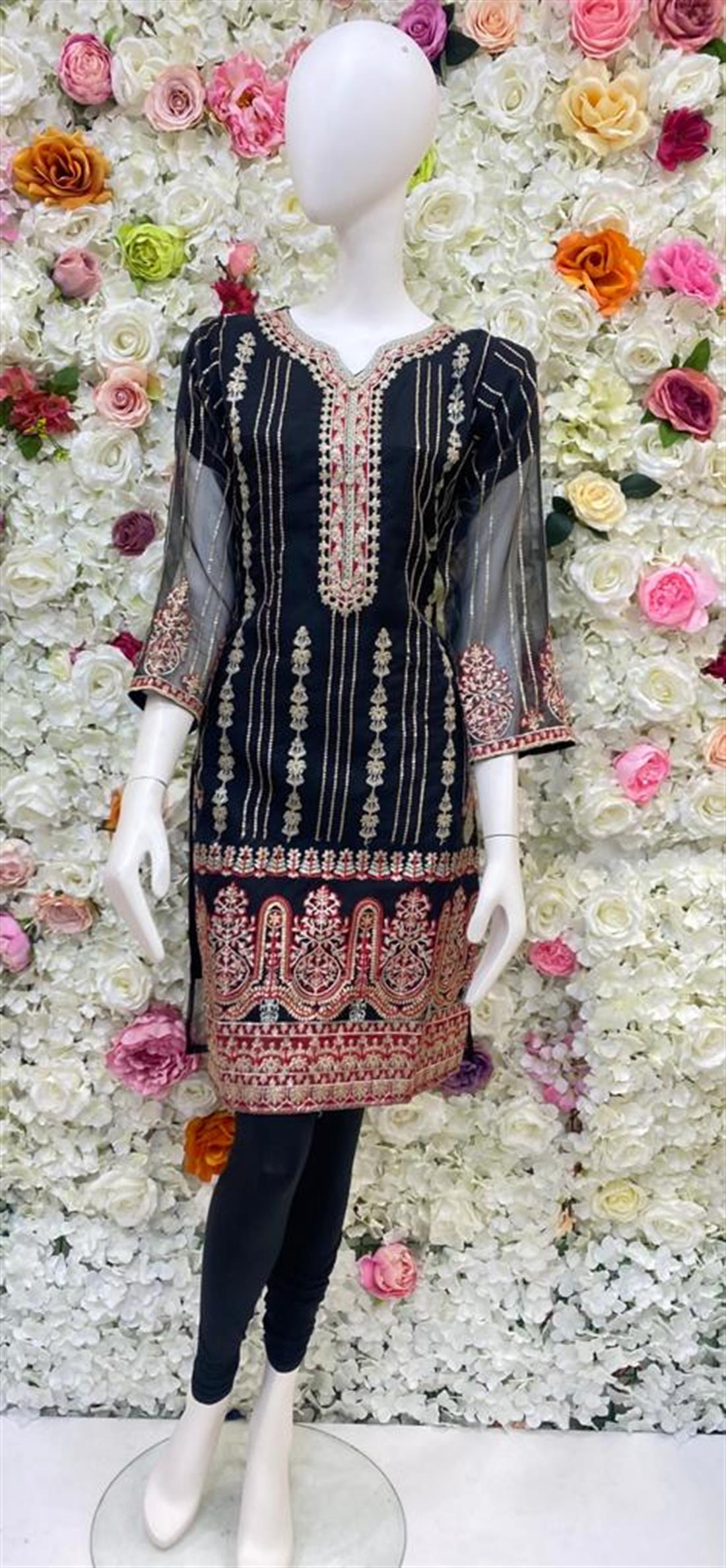 Black & Maroon Embroidered Organza Ladies Tunics and Kurta