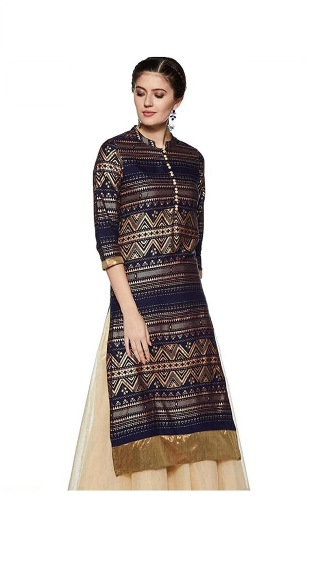 Navy Blue Readymade Stunning Embroidered Rayon Kurta
