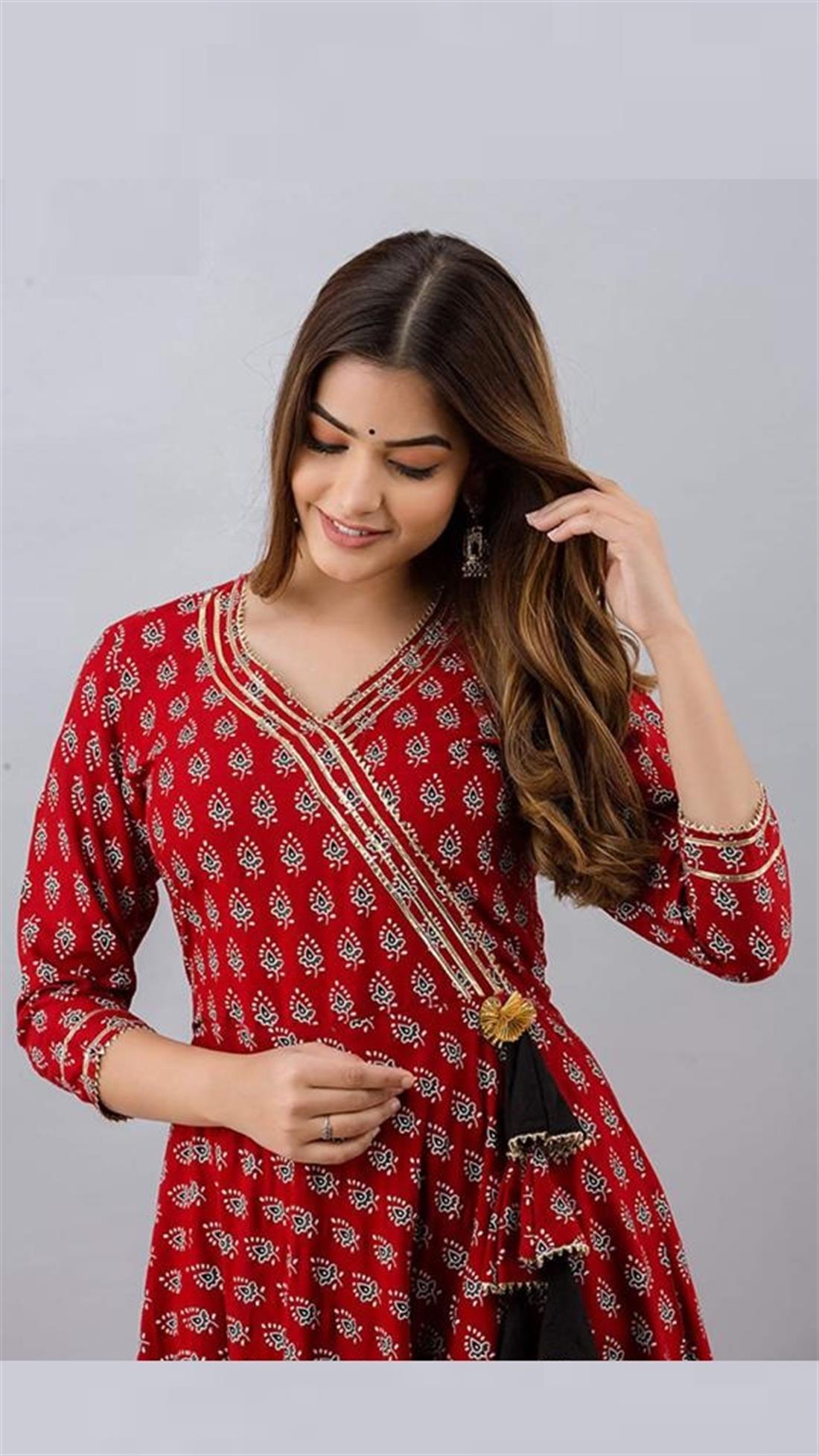 Dark Red Women Printed Anarkali Kurta