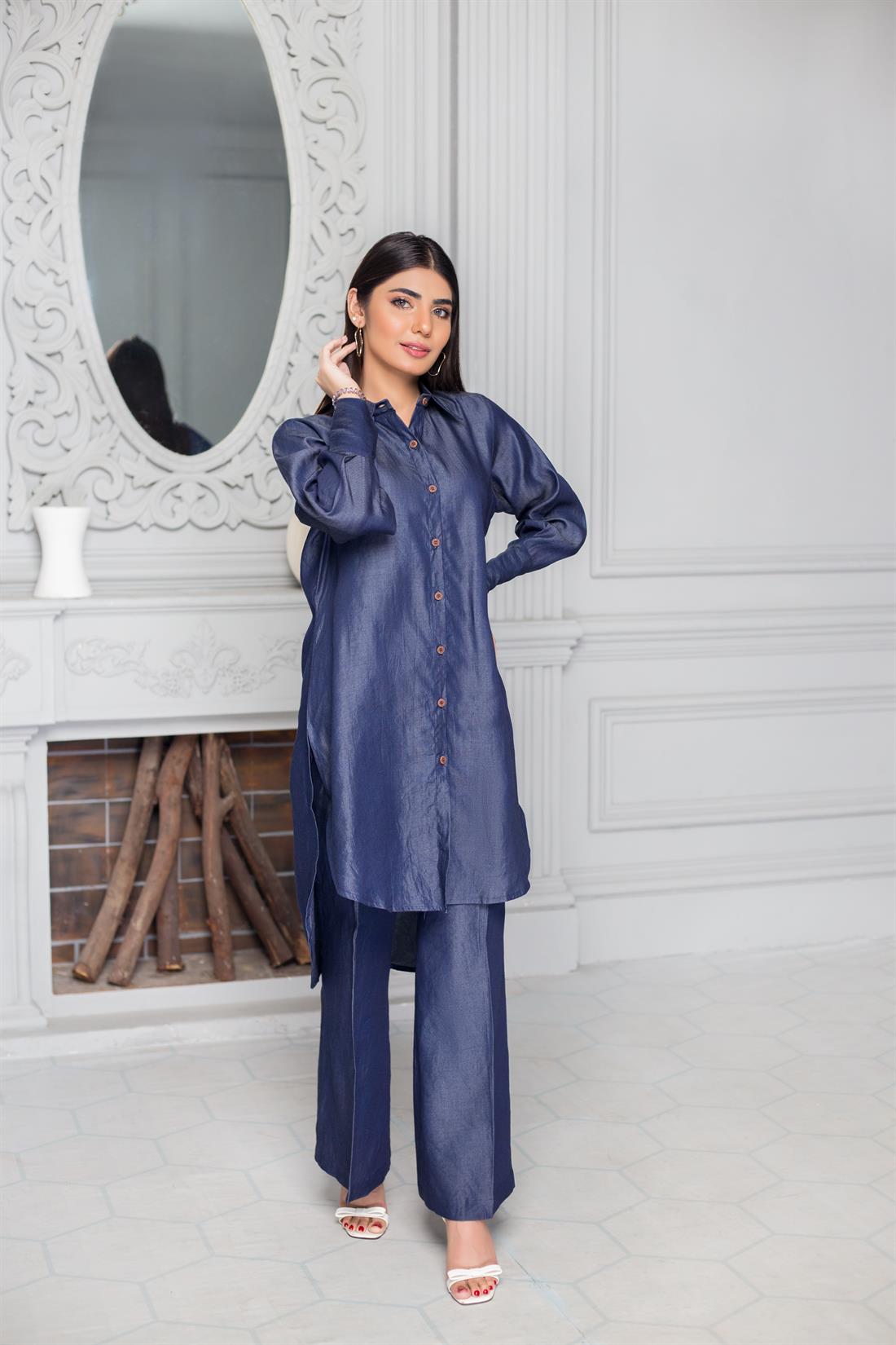 Navy Blue 2 Piece Denim Kurta with Matching Culottes