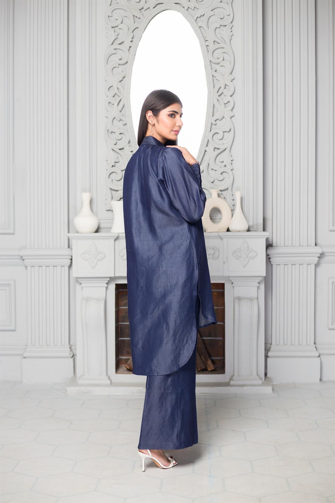 Navy Blue 2 Piece Denim Kurta with Matching Culottes