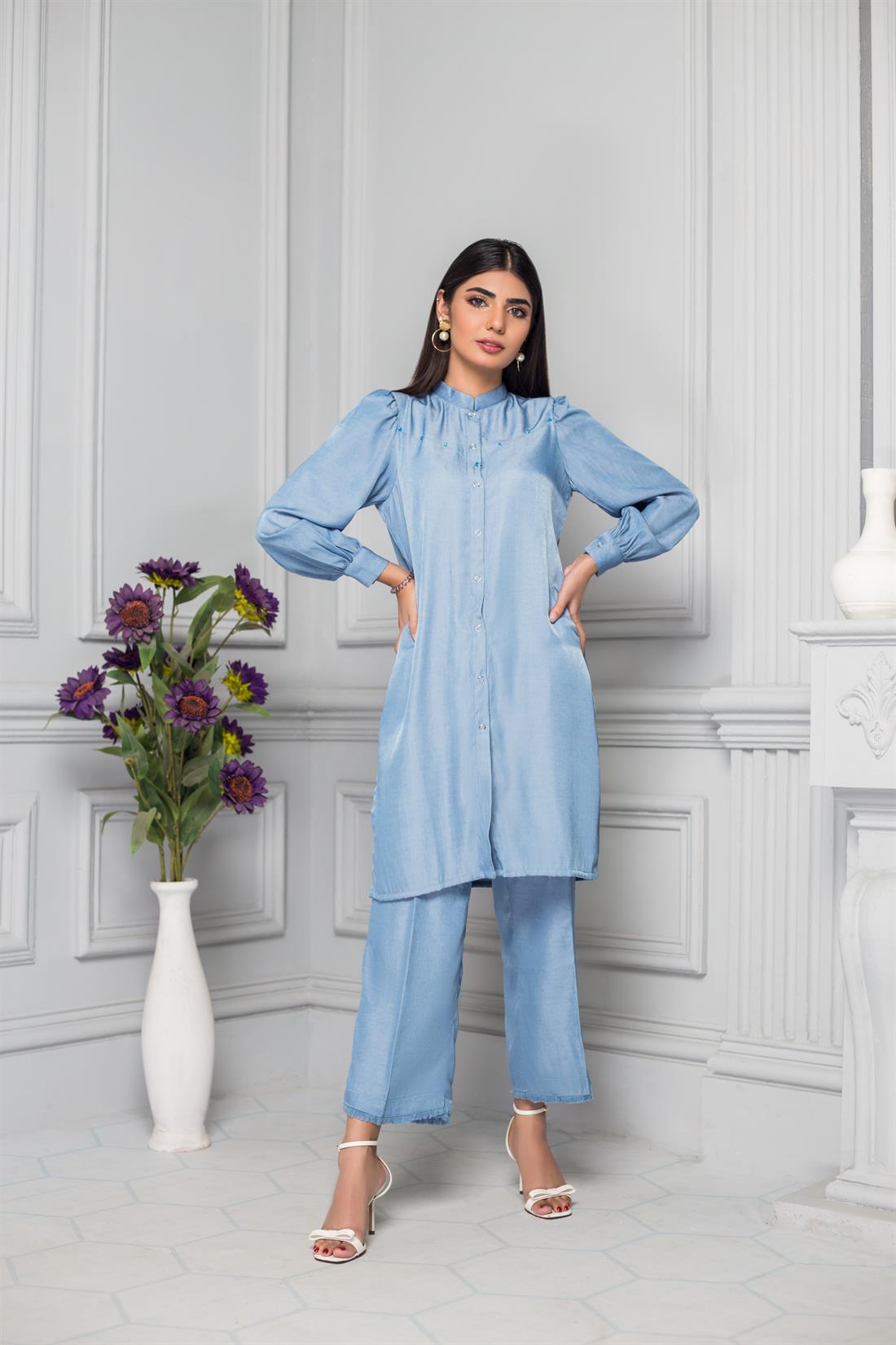 Light Blue PC Denim Kurta with Fringed Culottes
