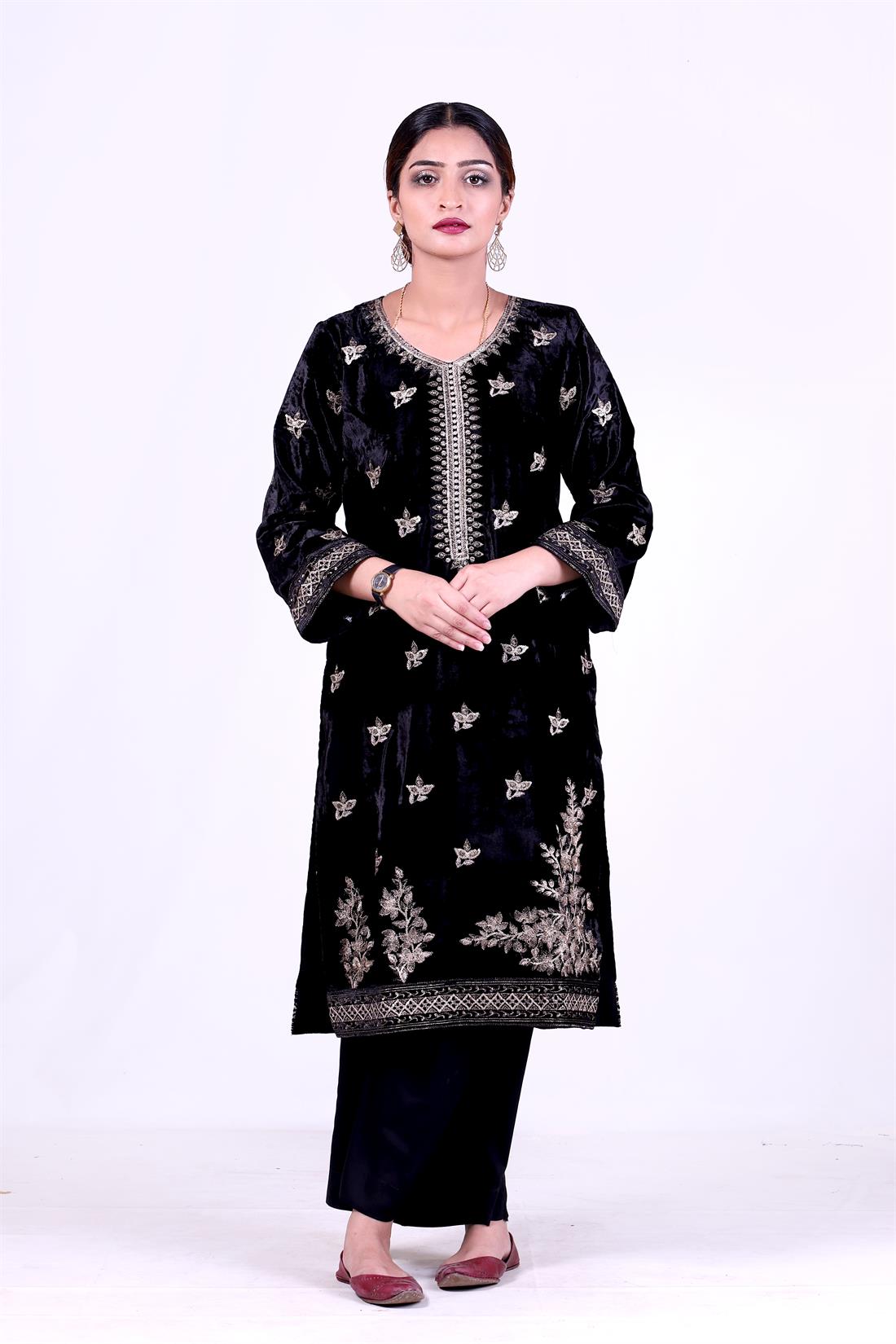 Black Velvet Kurta with Tilla & Glitter Embroidery