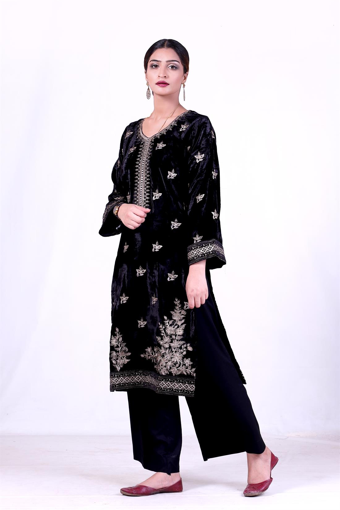 Black Velvet Kurta with Tilla & Glitter Embroidery