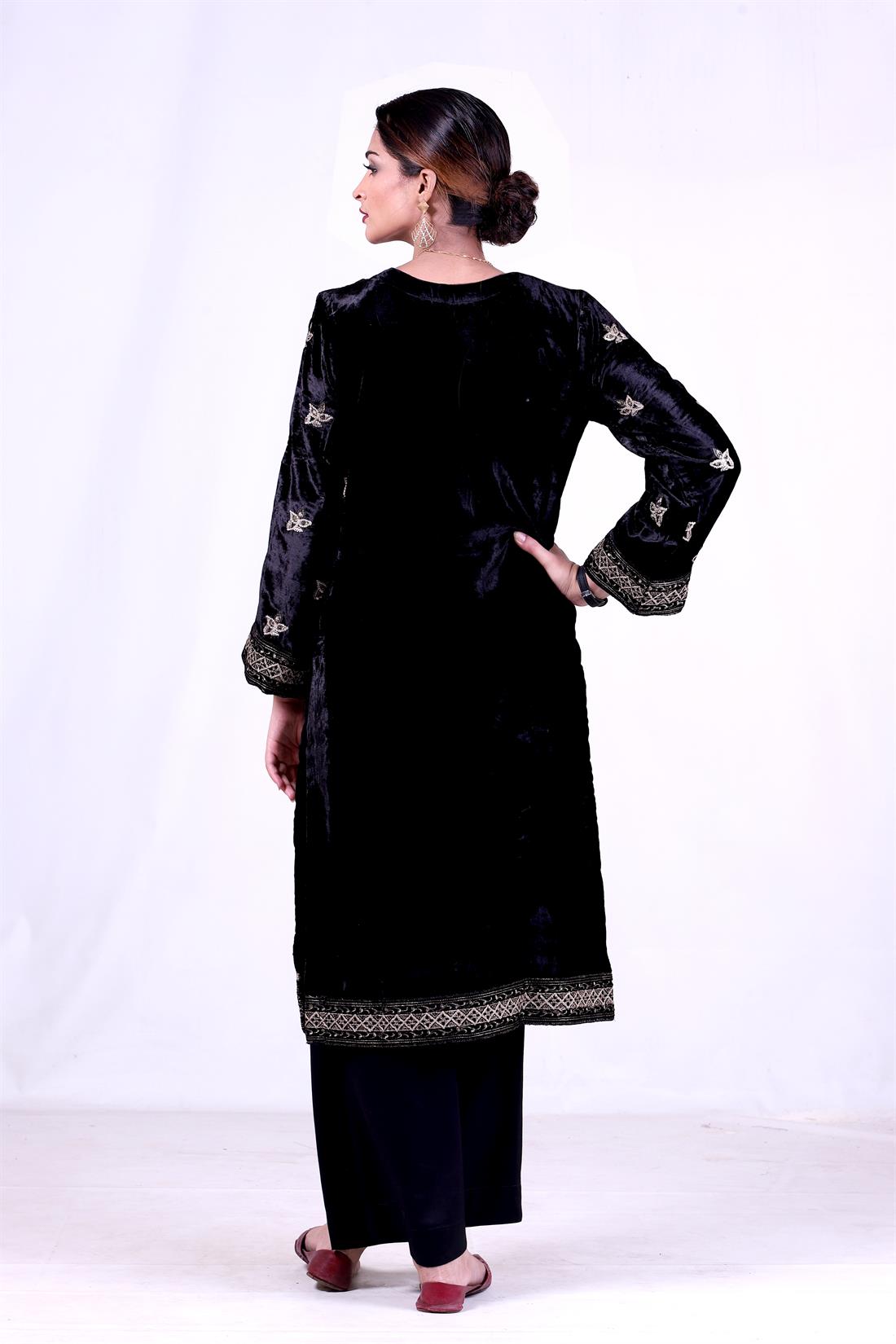 Black Velvet Kurta with Tilla & Glitter Embroidery