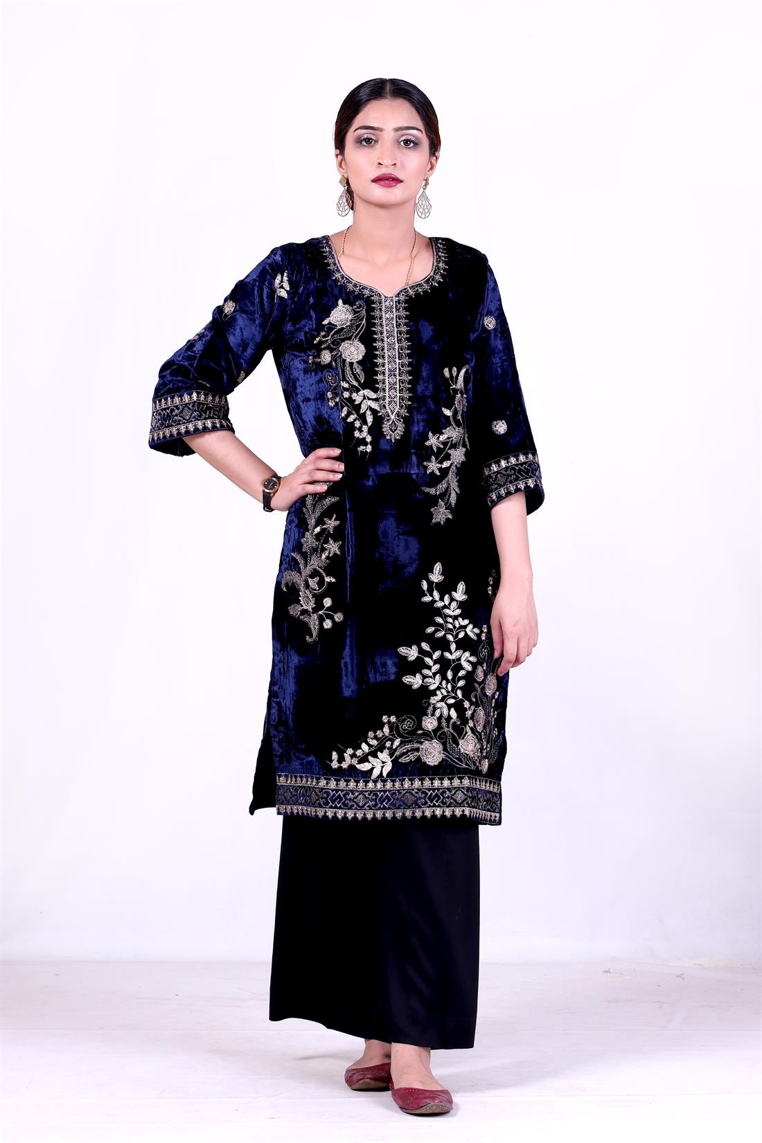 Navy Blue Velvet Kurta with Thread and Glitter Sequence Embroidery.