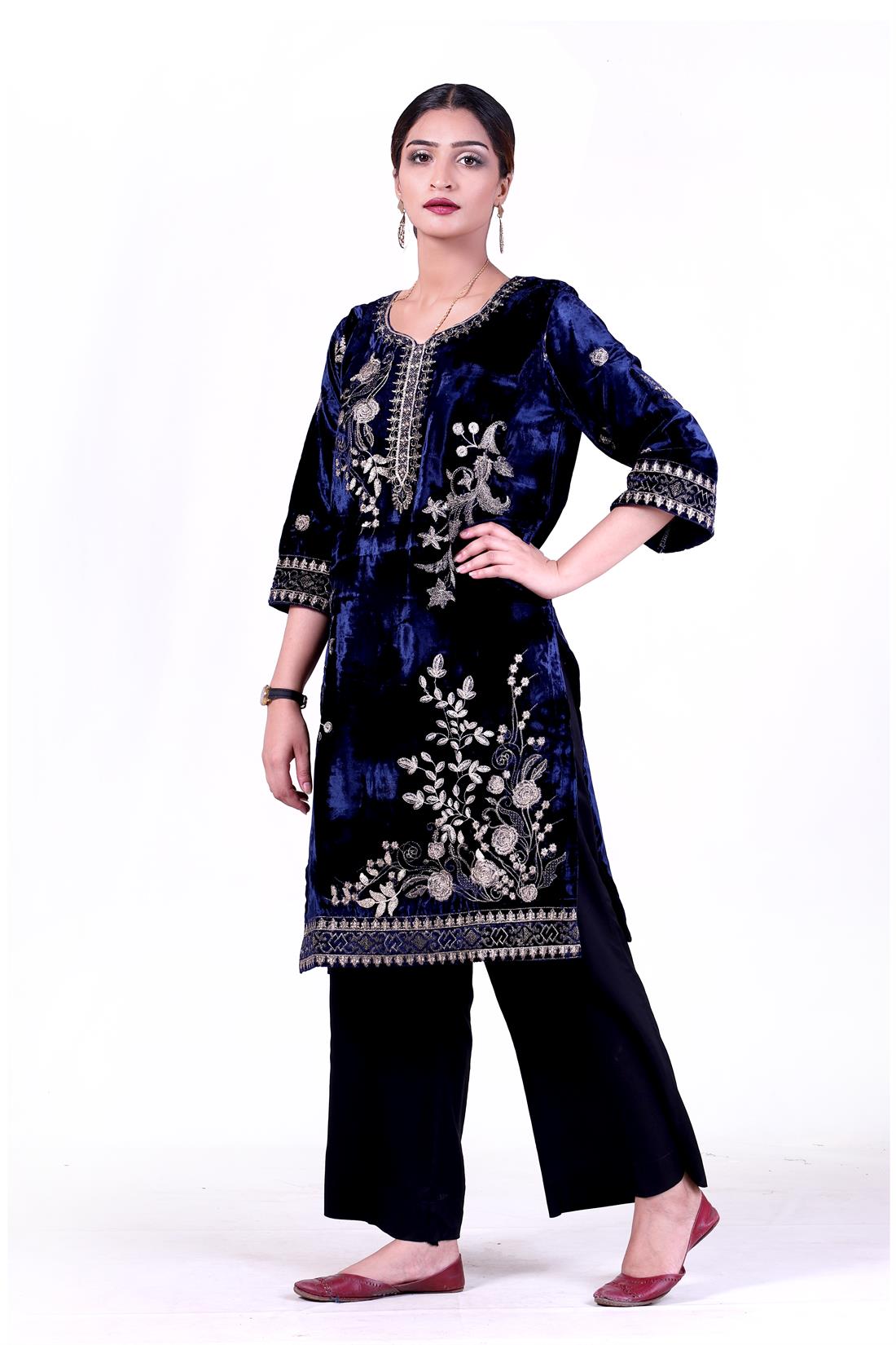 Navy Blue Velvet Kurta with Thread and Glitter Sequence Embroidery.