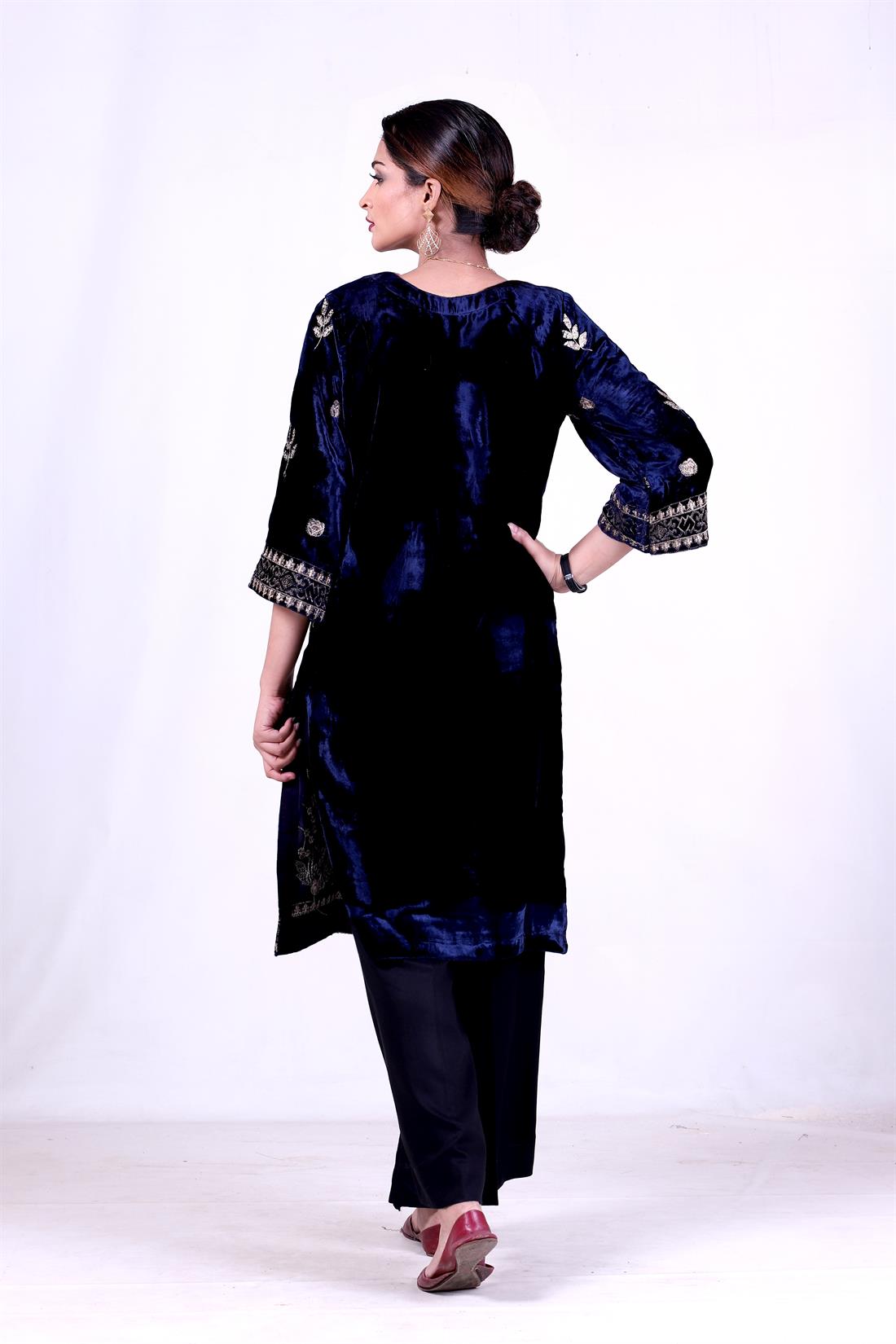 Navy Blue Velvet Kurta with Thread and Glitter Sequence Embroidery.