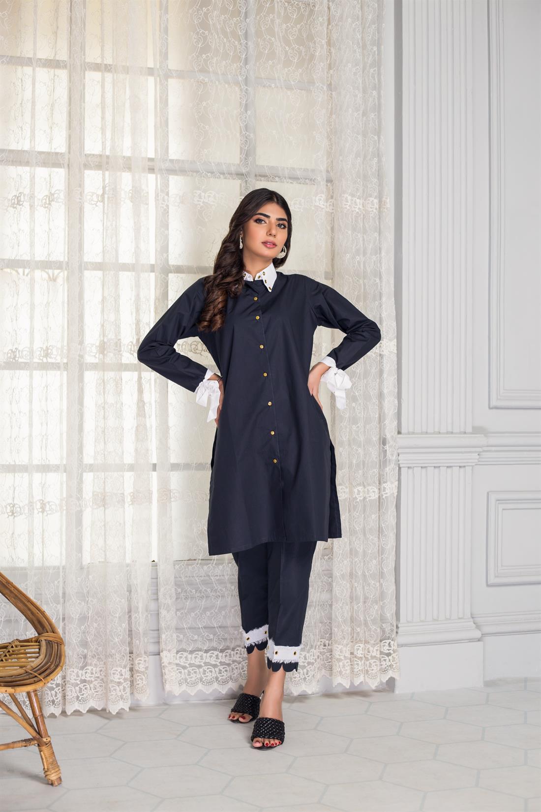 Black 2 Piece Irish Cotton Kurta with Paired Trouser