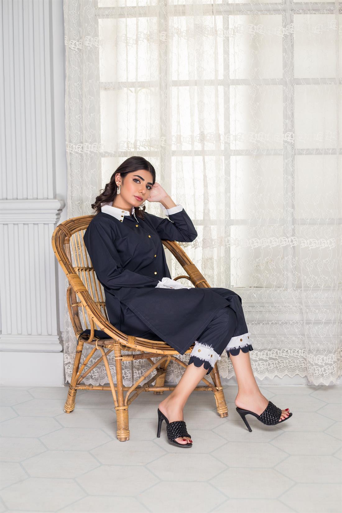 Black 2 Piece Irish Cotton Kurta with Paired Trouser