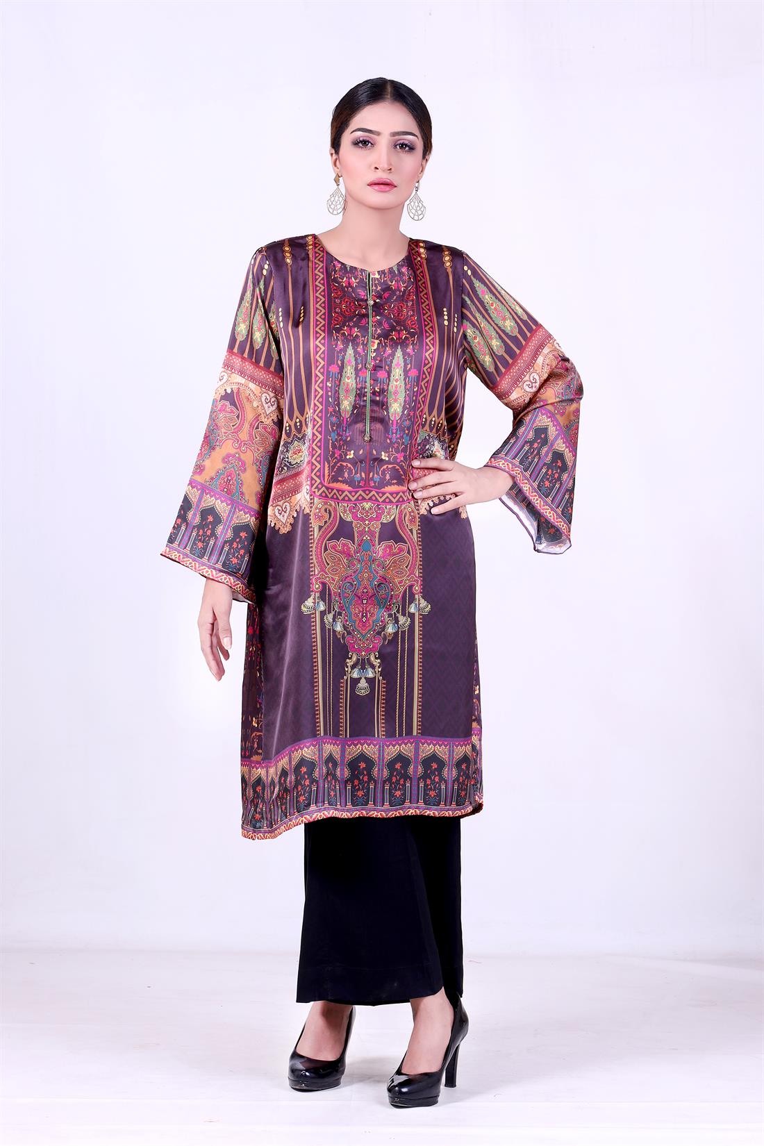 Brown Readymade Shamooz Silk Digital Printed Kurta