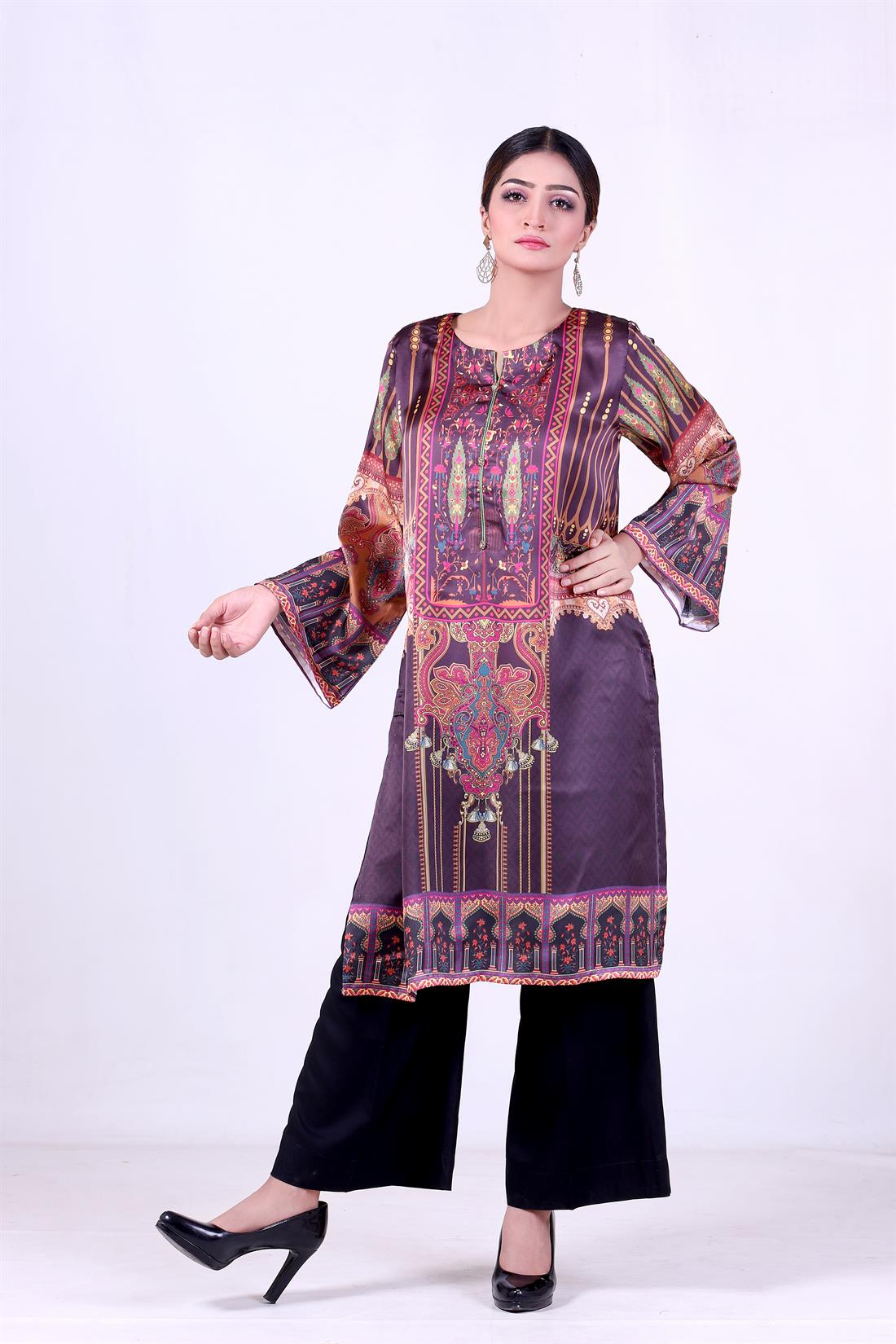 Brown Readymade Shamooz Silk Digital Printed Kurta