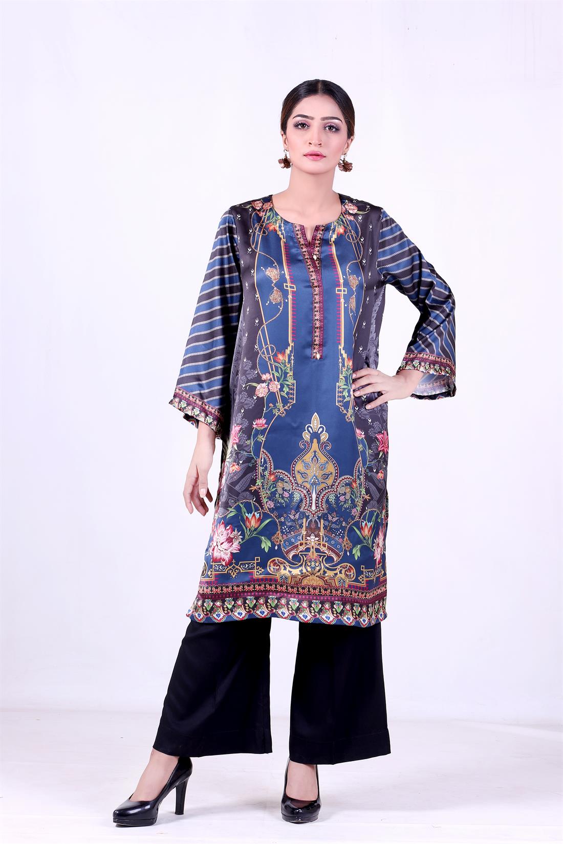 Navy Blue Shamooz Silk Digital Printed Kurta
