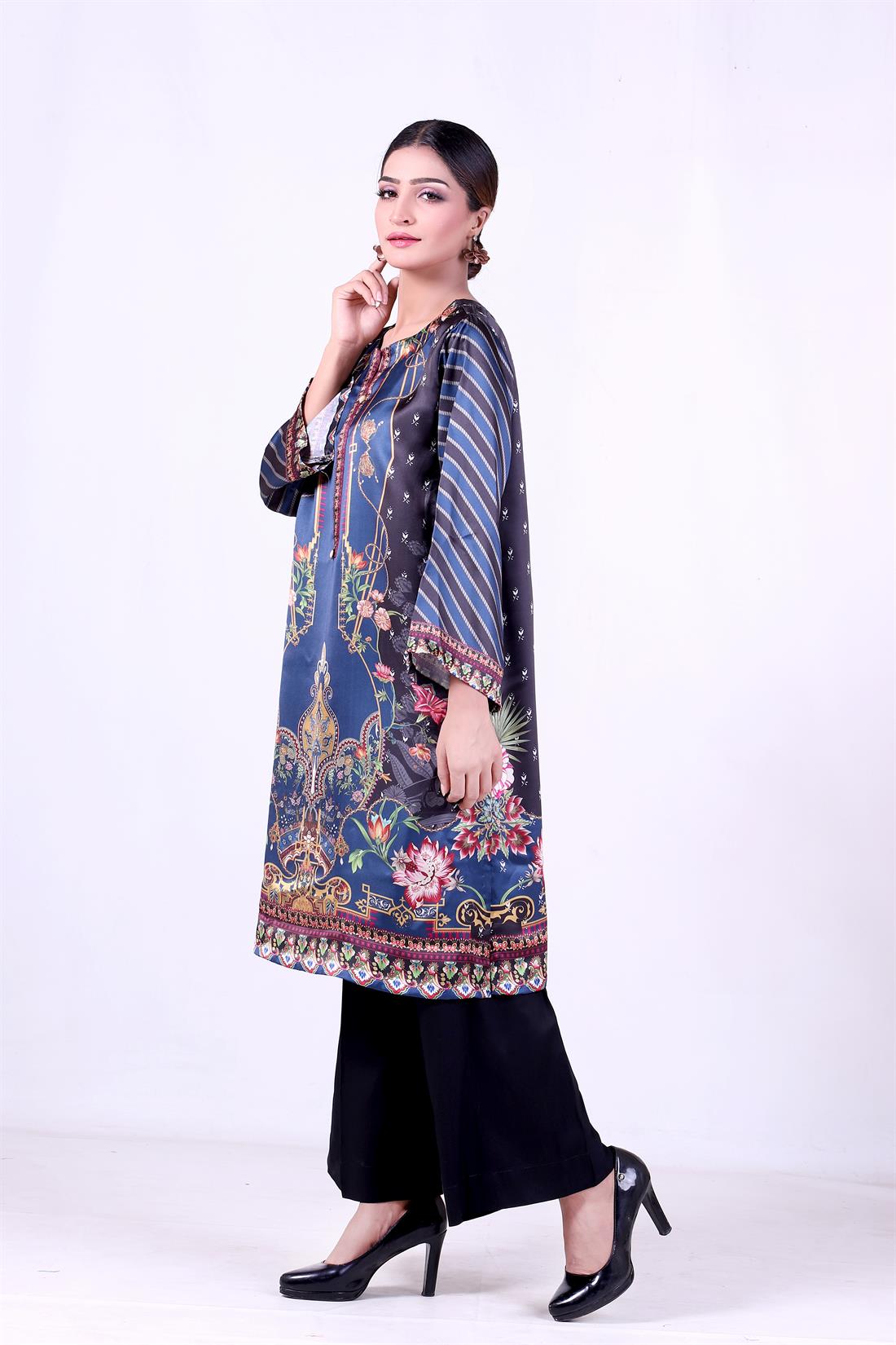 Navy Blue Shamooz Silk Digital Printed Kurta