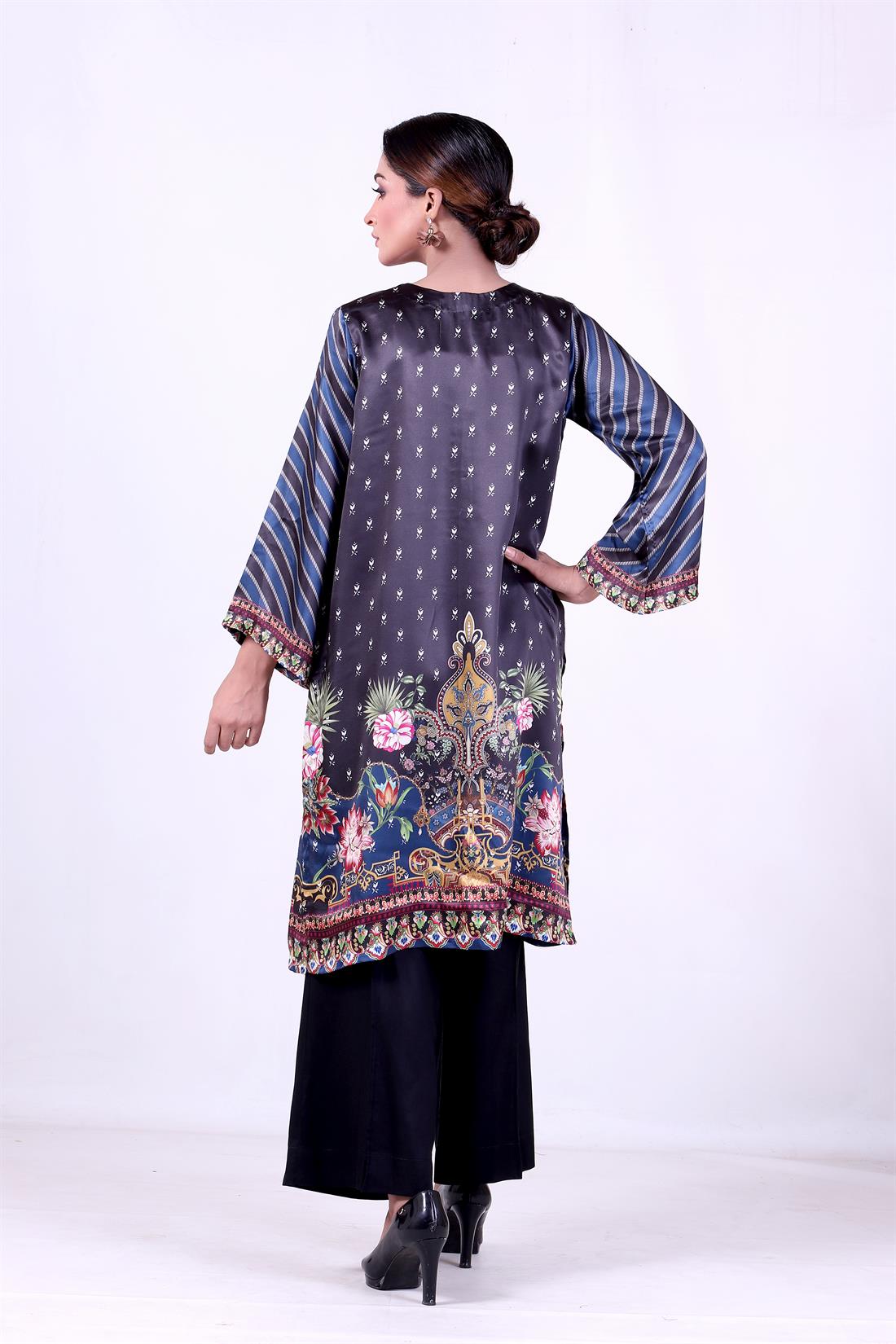 Navy Blue Shamooz Silk Digital Printed Kurta