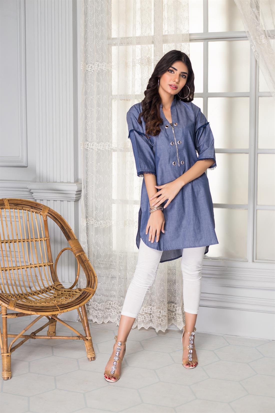 Denim Blue Ladies Readymade Stunning Low Kurta