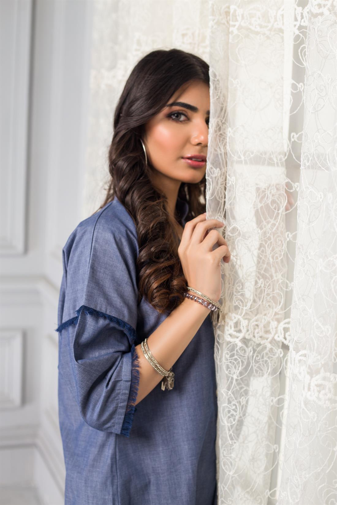 Denim Blue Ladies Readymade Stunning Low Kurta