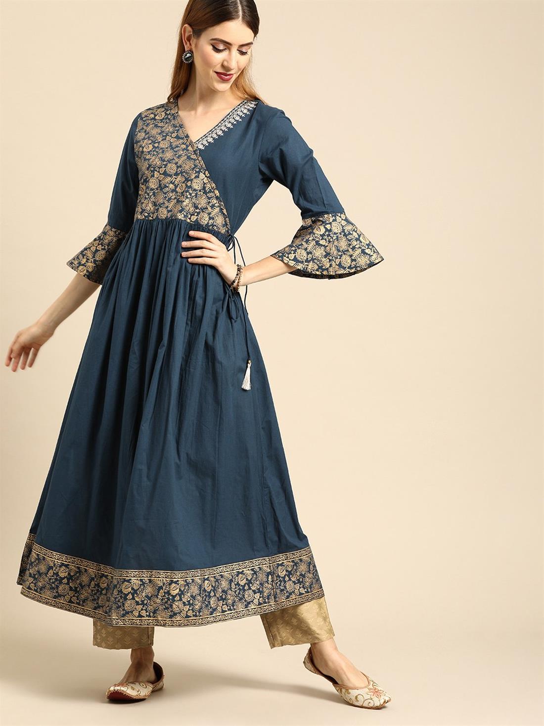 Teal Printed Angrakha Ladies Tunics and Kurta