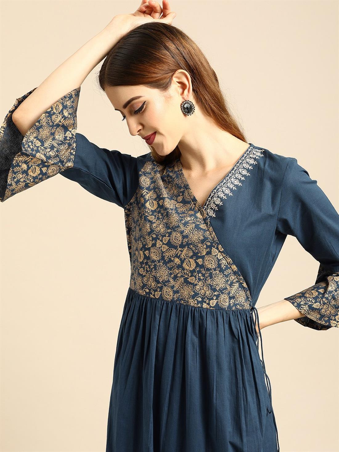 Teal Printed Angrakha Ladies Tunics and Kurta