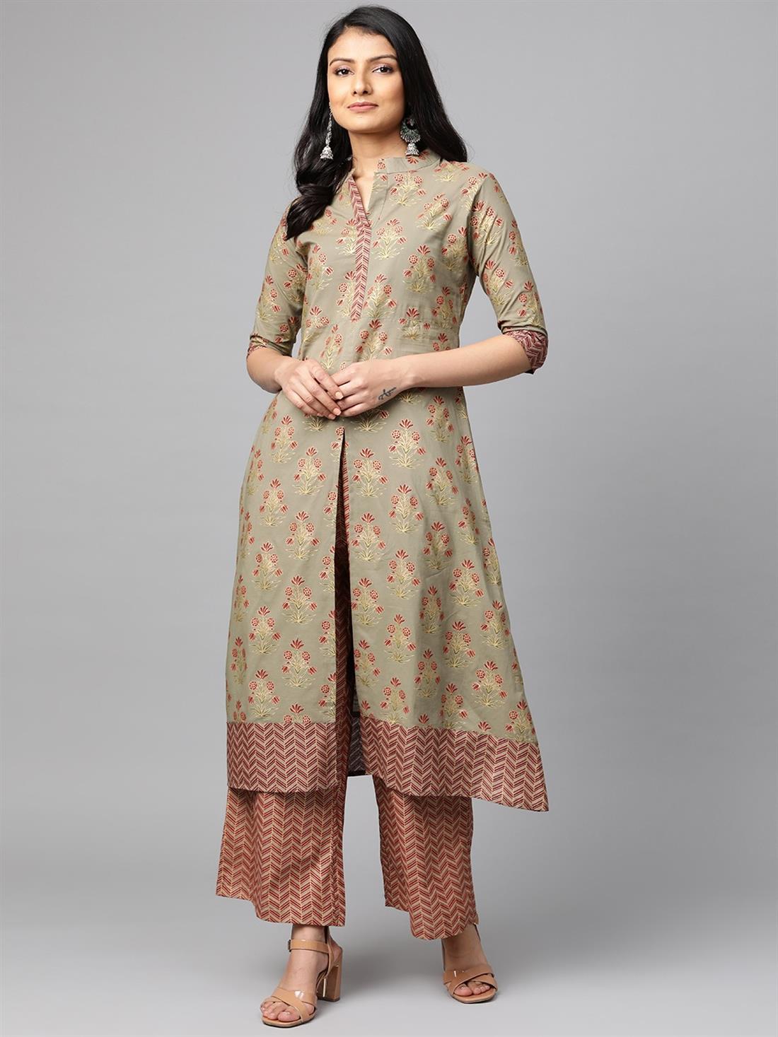 Khakhi Green Printed Palazzo Ladies Tunics and Kurta