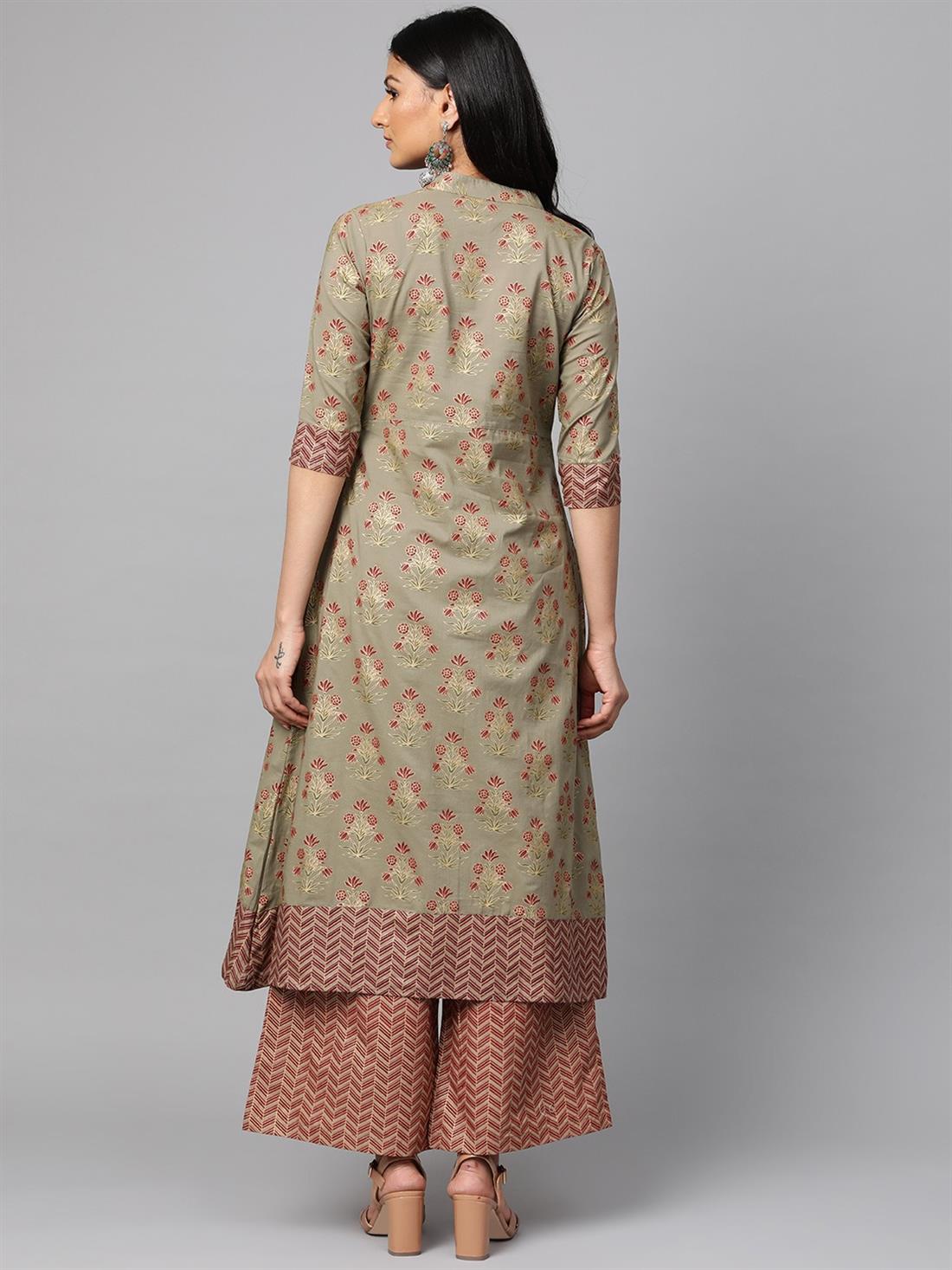 Khakhi Green Printed Palazzo Ladies Tunics and Kurta