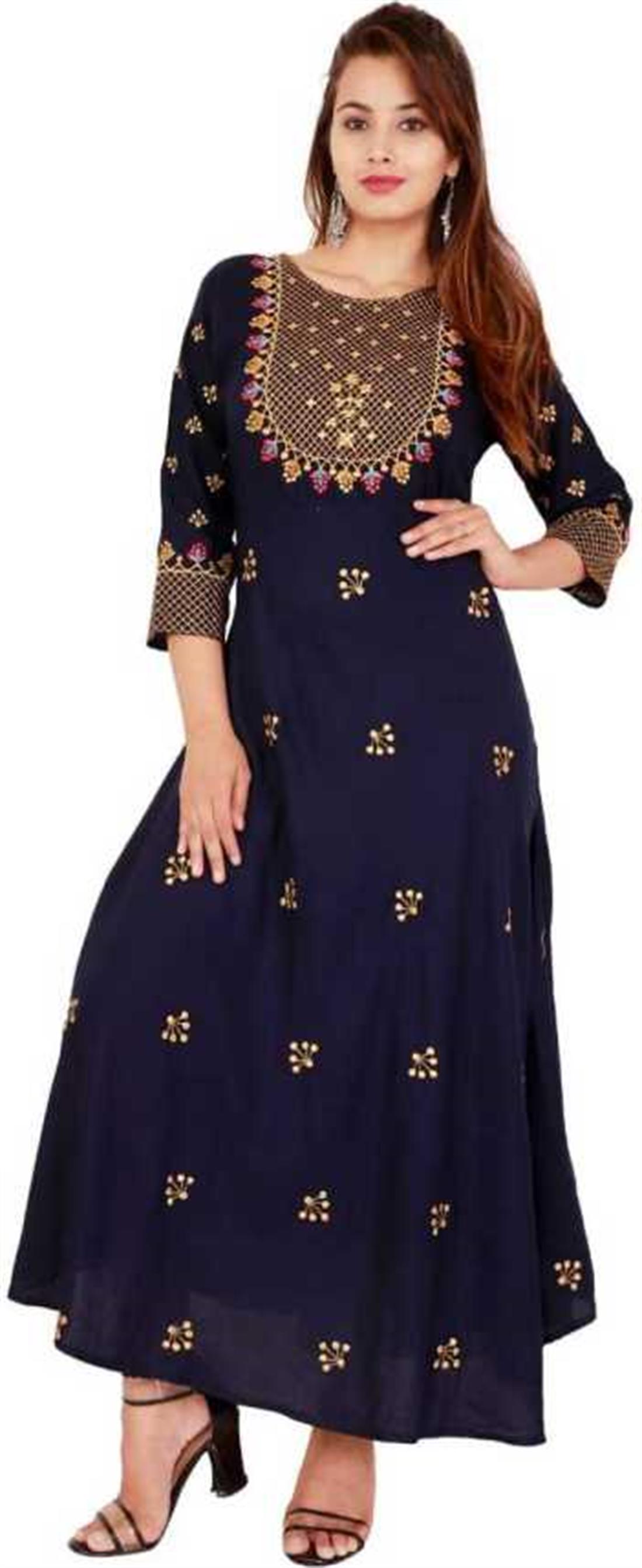 Navy Blue Women Embroidered Rayon Flared Kurta