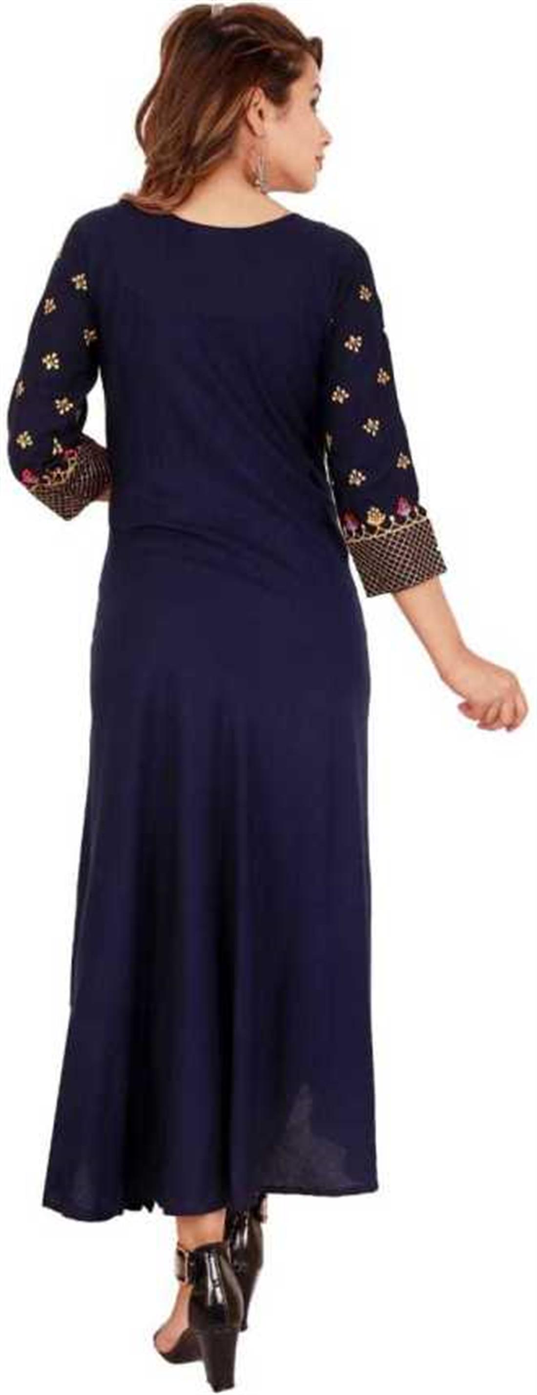 Navy Blue Women Embroidered Rayon Flared Kurta