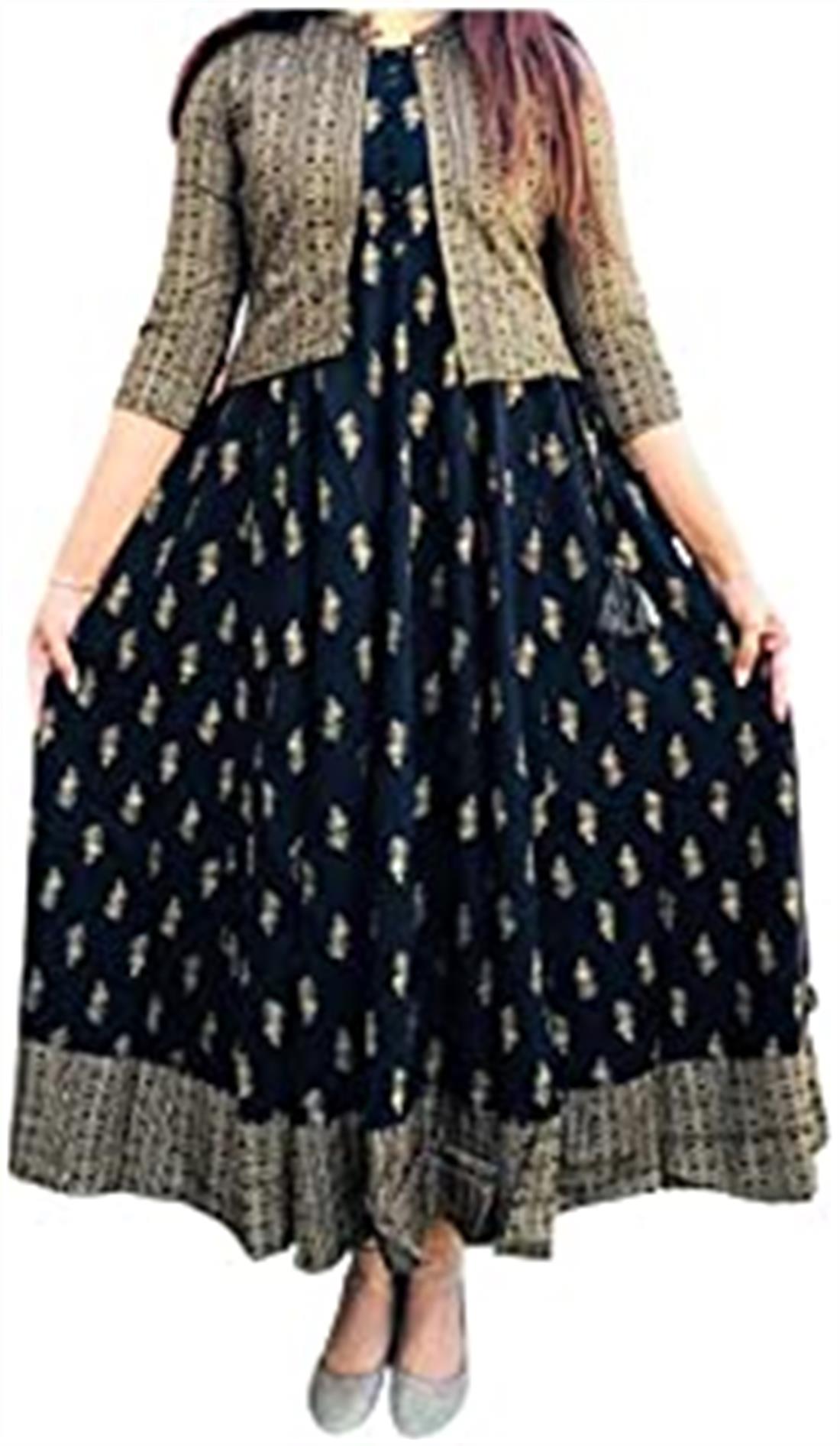 Navy Blue Women's Rayon Anarkali Kurta