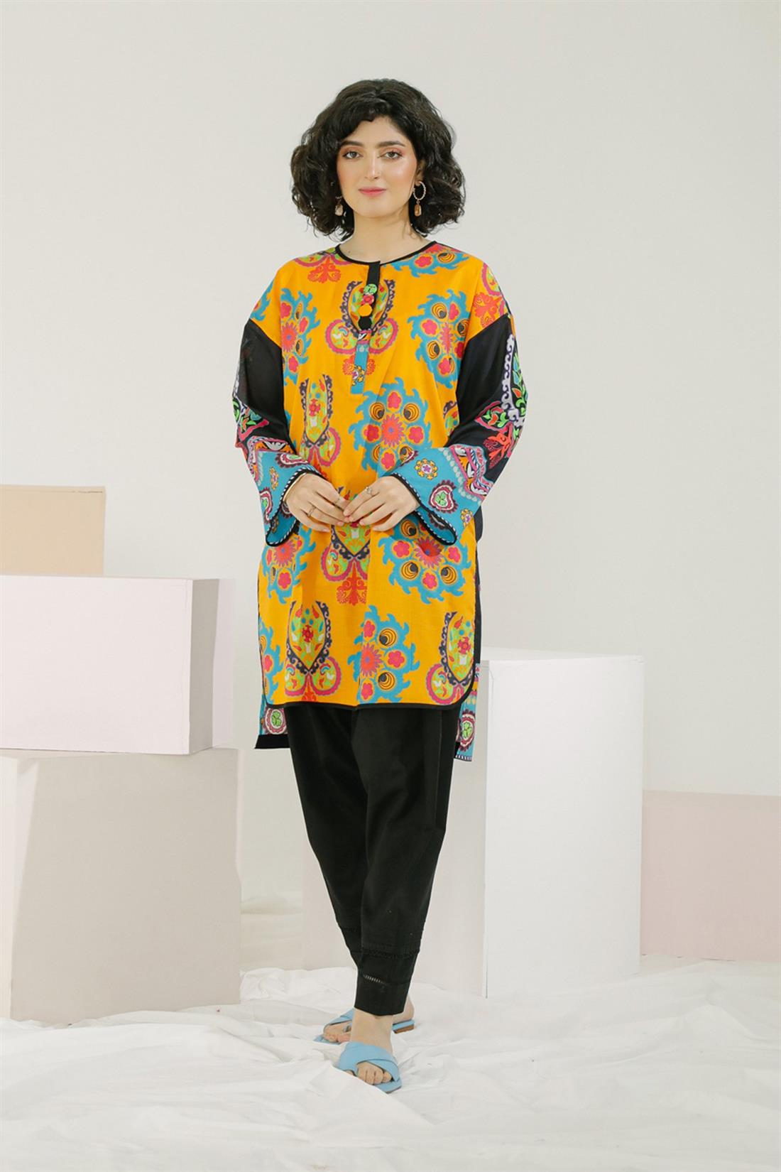 Orange Yellow 1 PC Printed Readymade Lawn Shirt