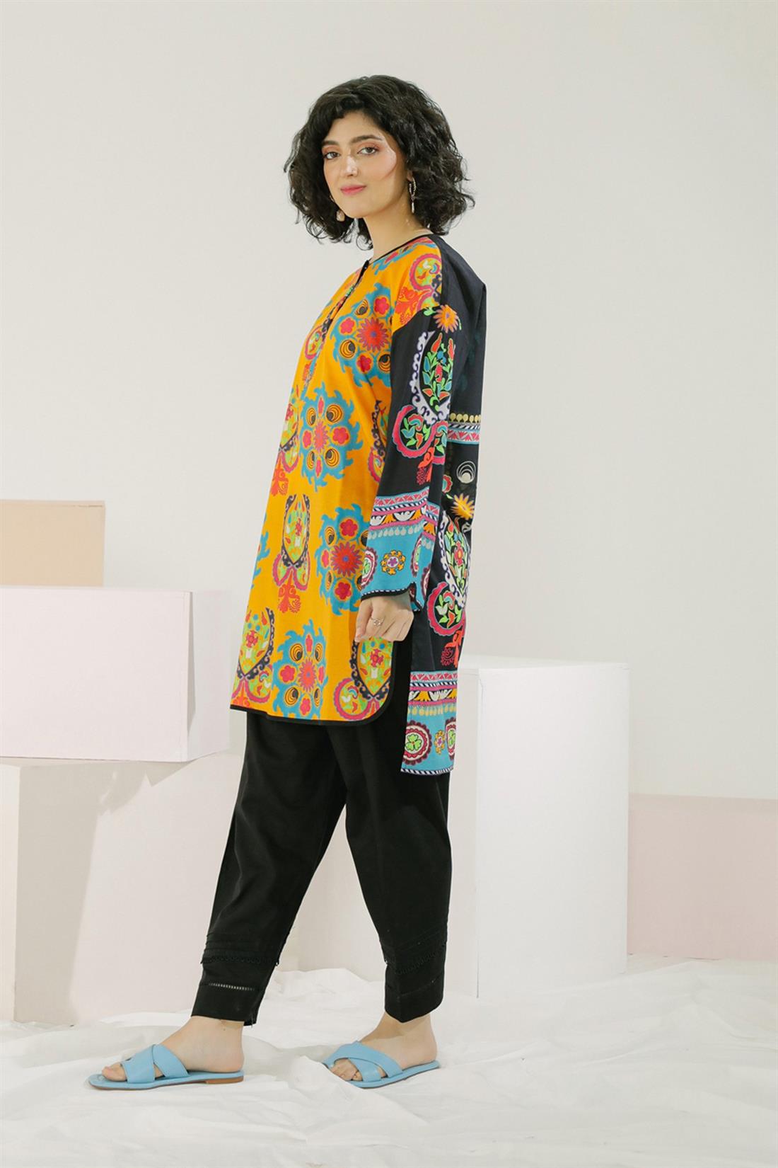 Orange Yellow 1 PC Printed Readymade Lawn Shirt