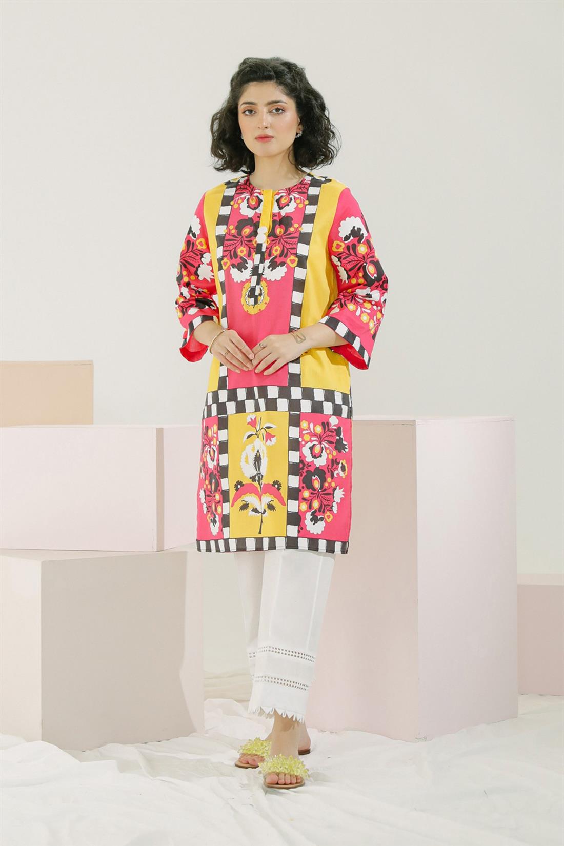 Pink & Yellow Pink/Yellow Embroidered Printed Readymade Lawn Shirt