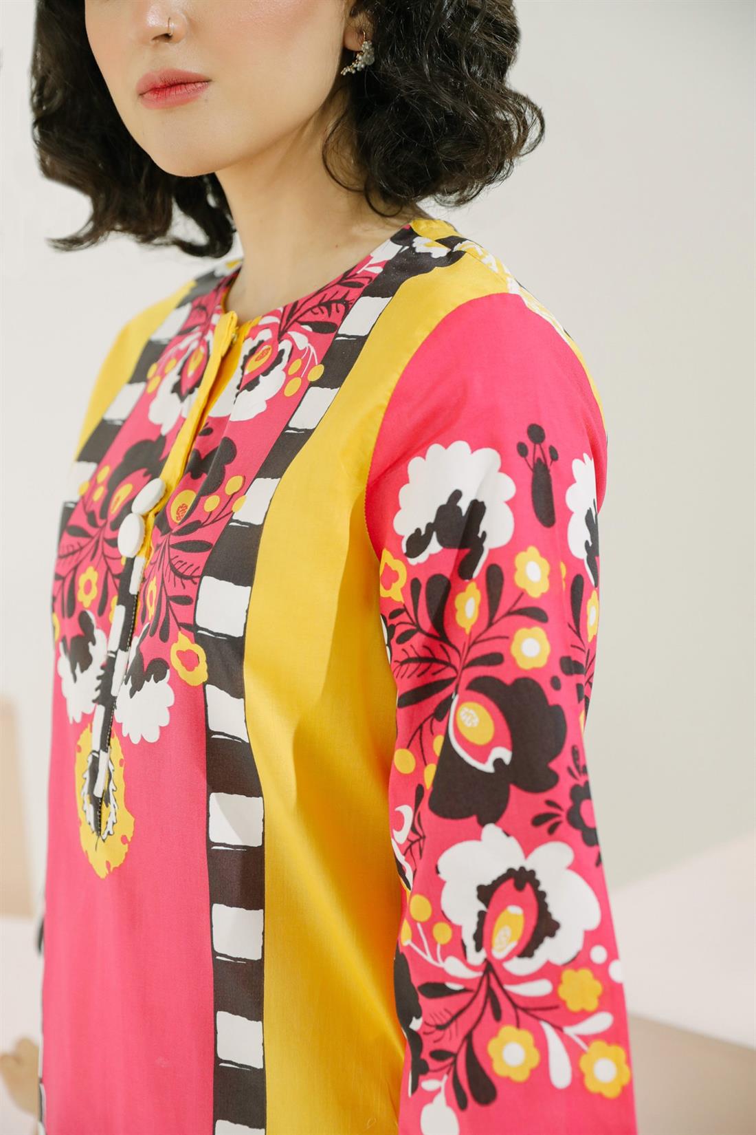 Pink & Yellow Pink/Yellow Embroidered Printed Readymade Lawn Shirt