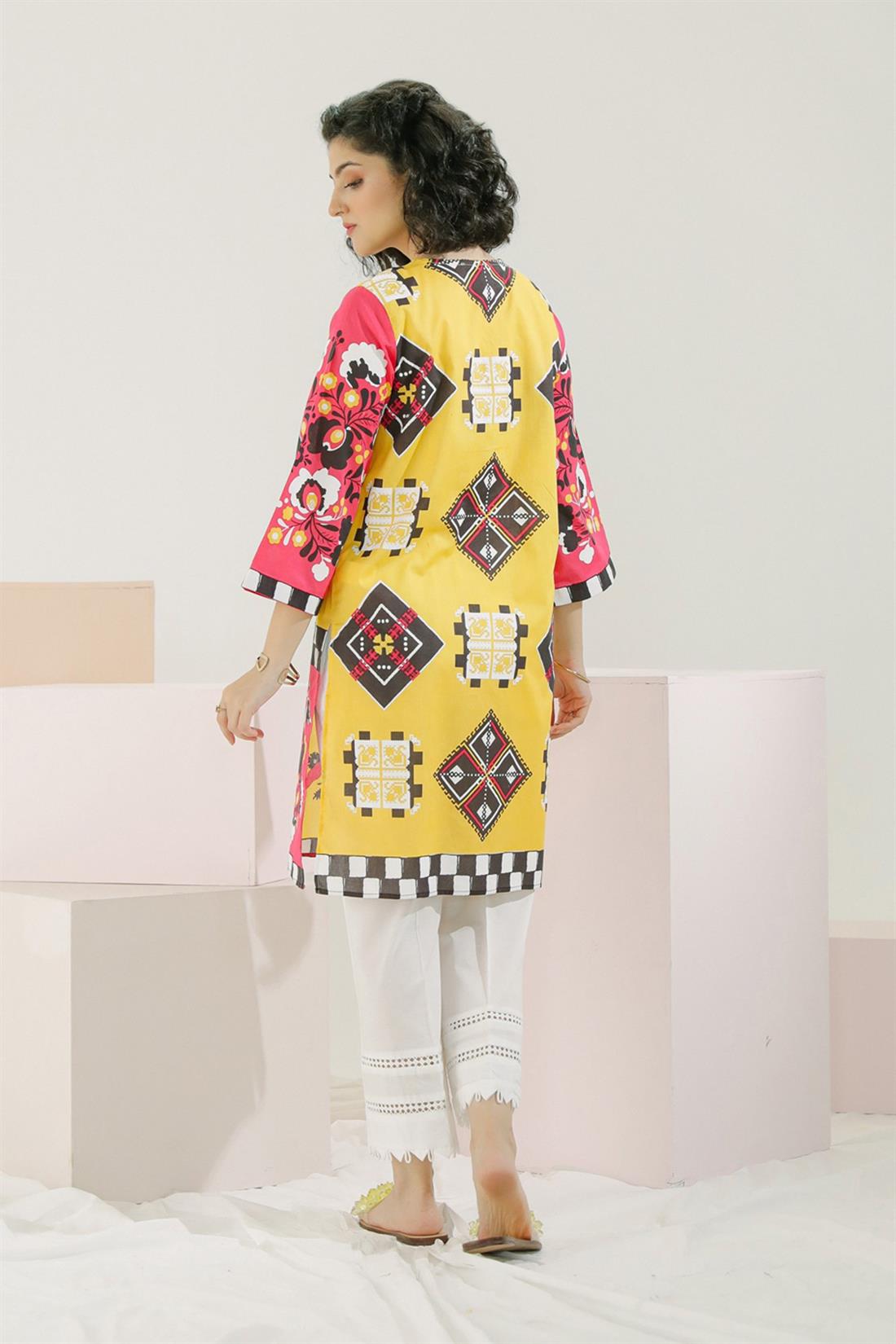 Pink & Yellow Pink/Yellow Embroidered Printed Readymade Lawn Shirt