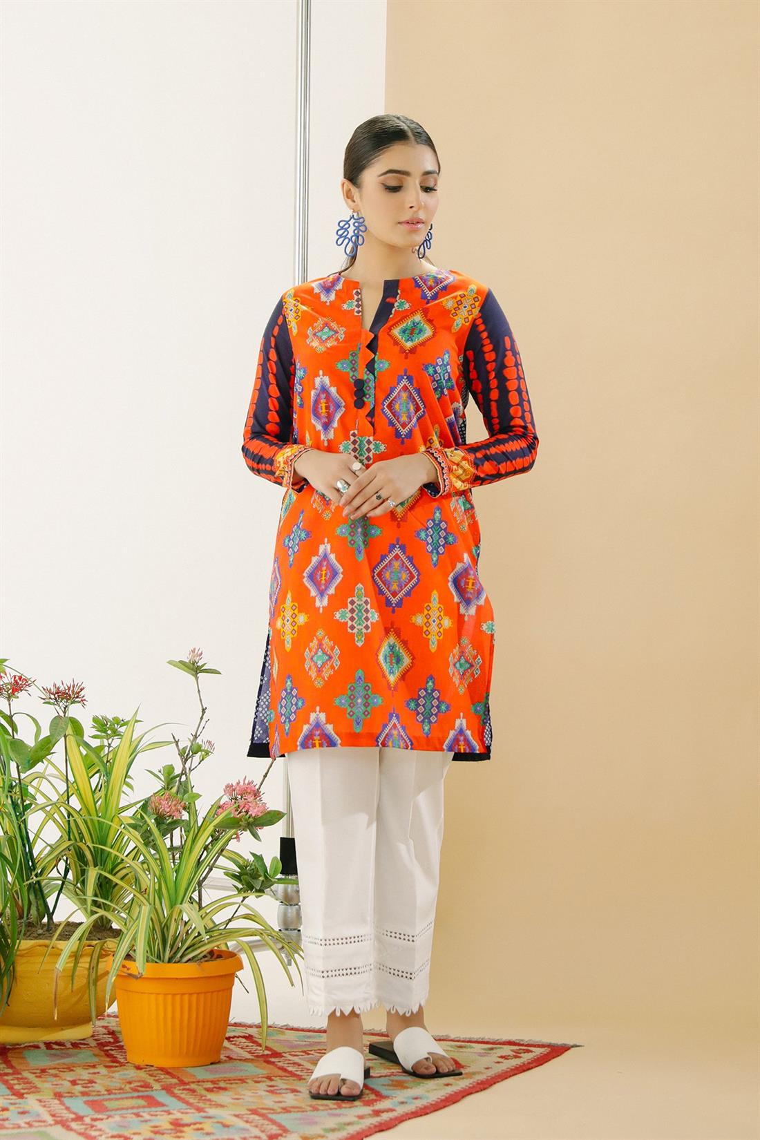 Orange Printed Lawn Ethnic Designer Ladies Ready to Wear Suits
