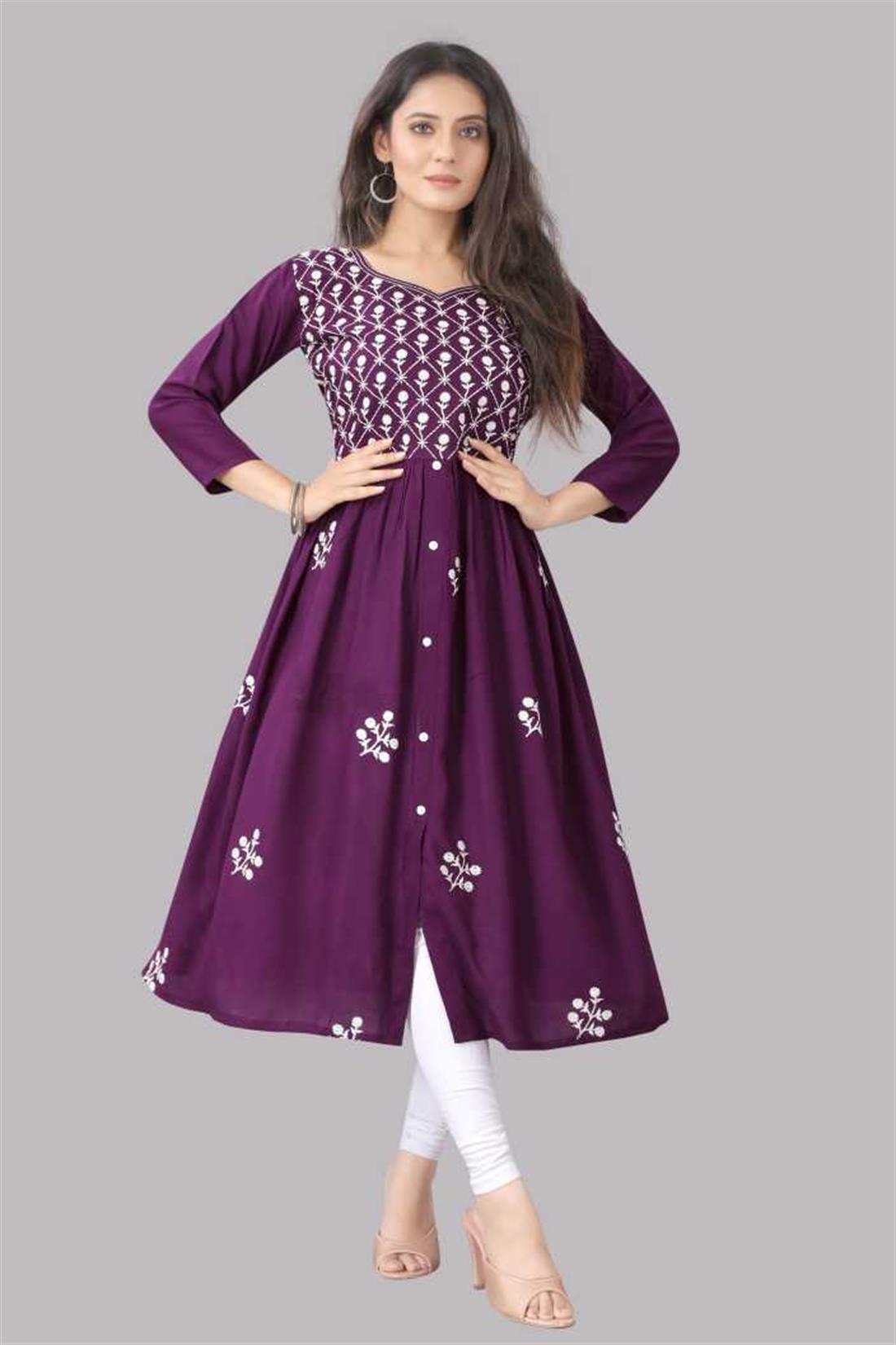 Purple Yellow Embroidered Cotton Rayon Blend Flared Kurta