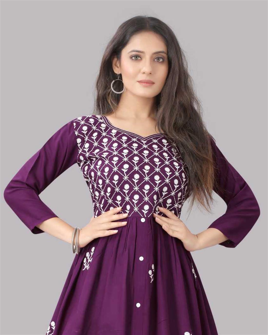 Purple Yellow Embroidered Cotton Rayon Blend Flared Kurta