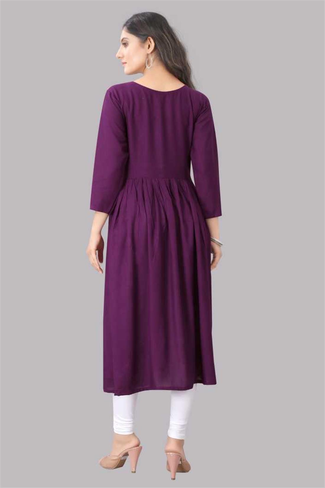 Purple Yellow Embroidered Cotton Rayon Blend Flared Kurta